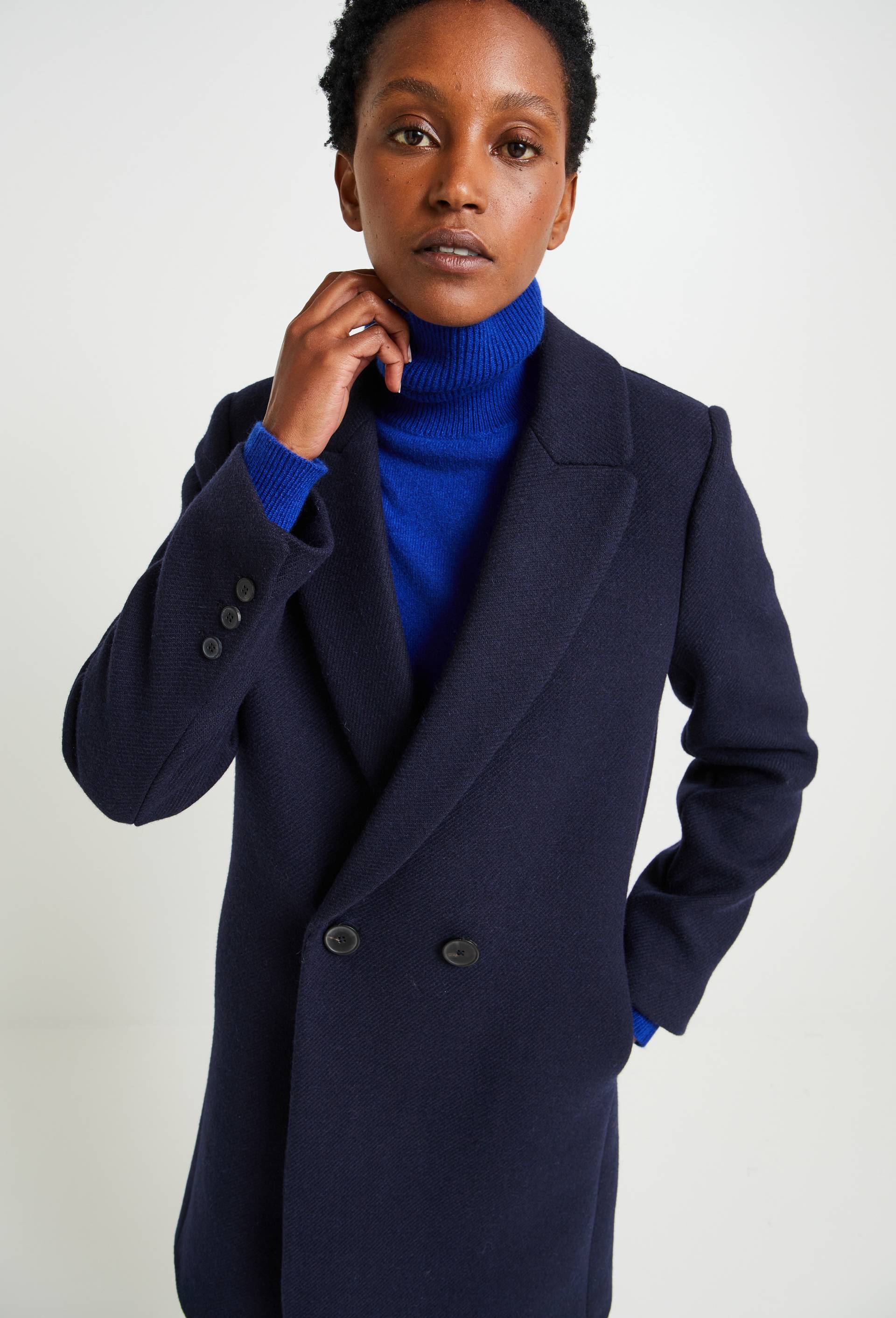 Manteau mi-long boutons croisés contenant de la laine, Bleu foncé, large image number 0.0