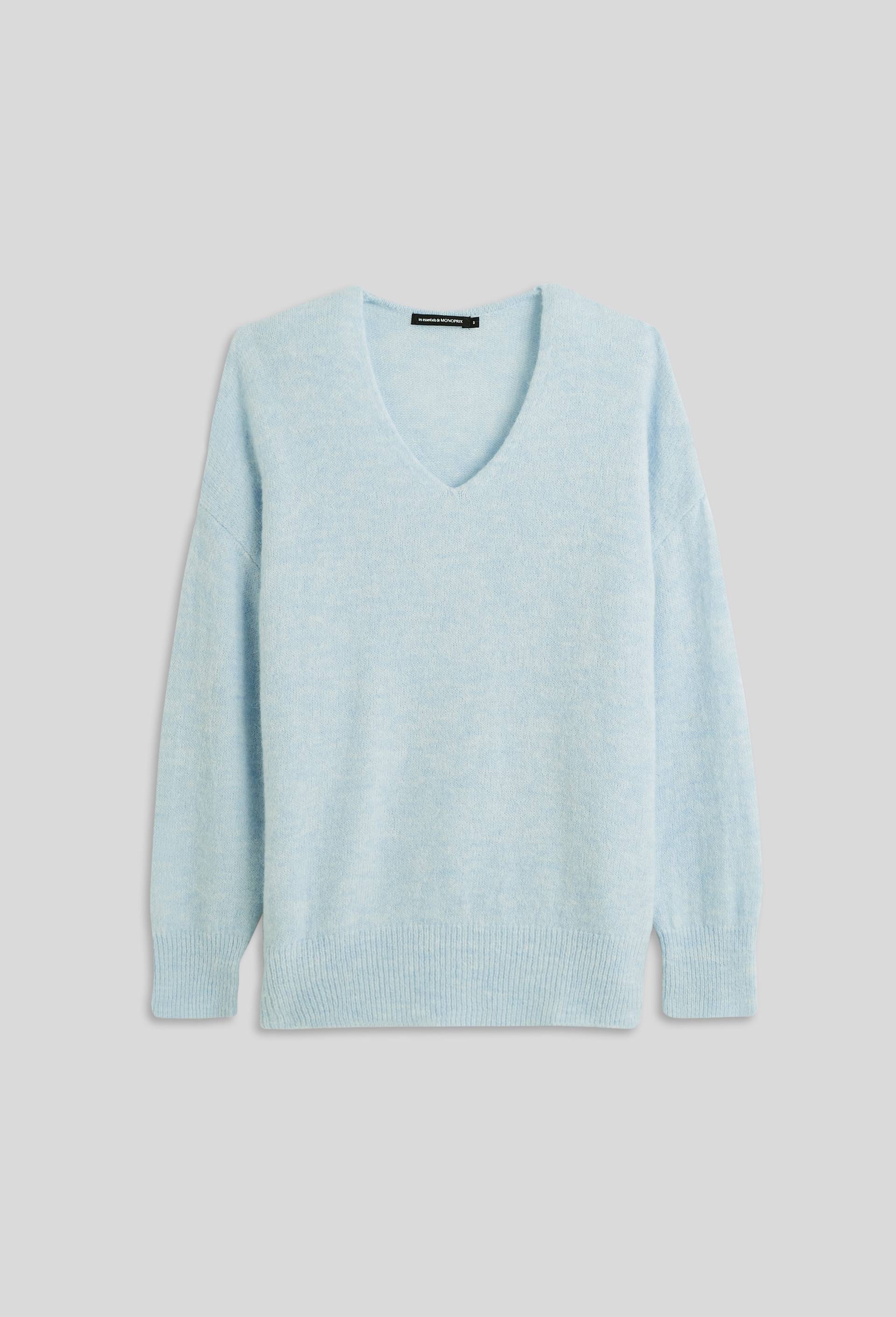 Pull col V uni contenant de l'alpaga, certifié Oeko-Tex, Bleu clair, large image number 2.0