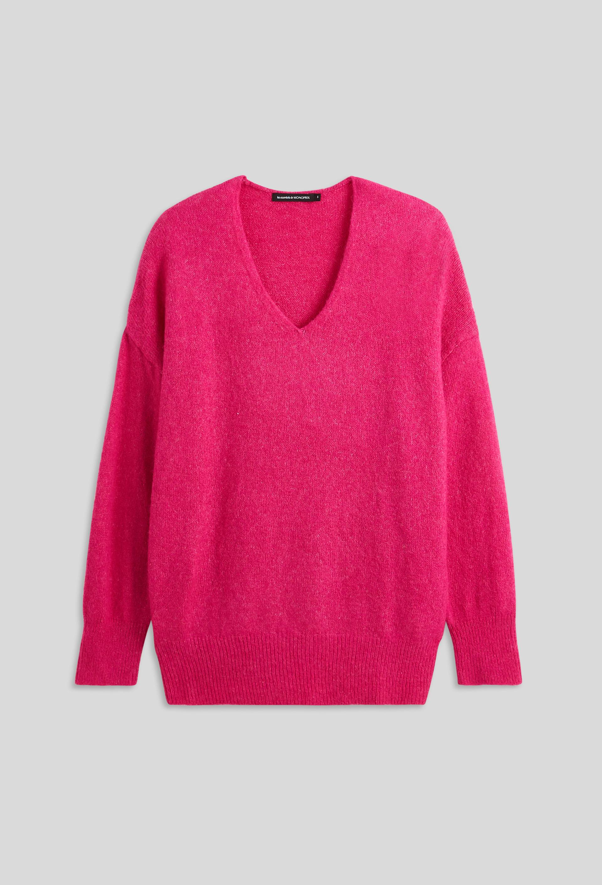 Pull col V uni contenant de l'alpaga, certifié Oeko-Tex, Rose foncé, large image number 2