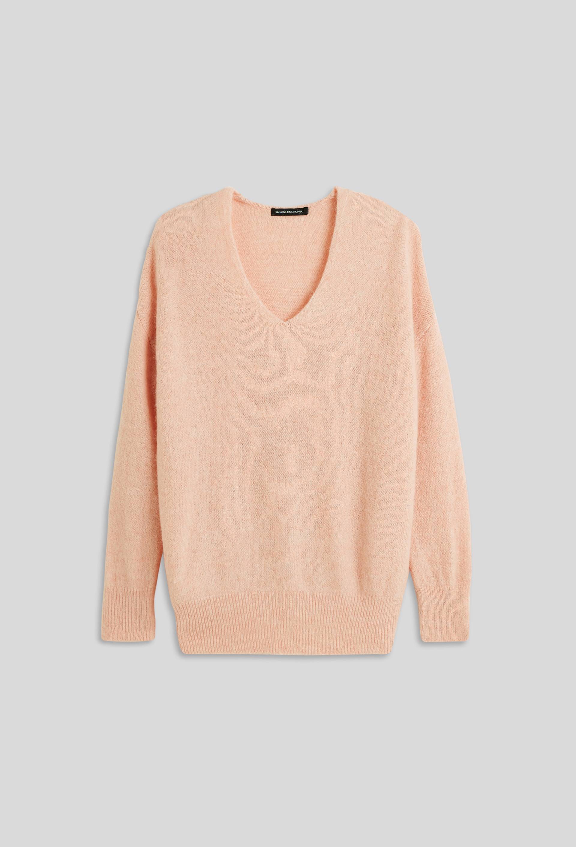 Pull col V uni contenant de l'alpaga, certifié Oeko-Tex, Rose, large image number 2.0