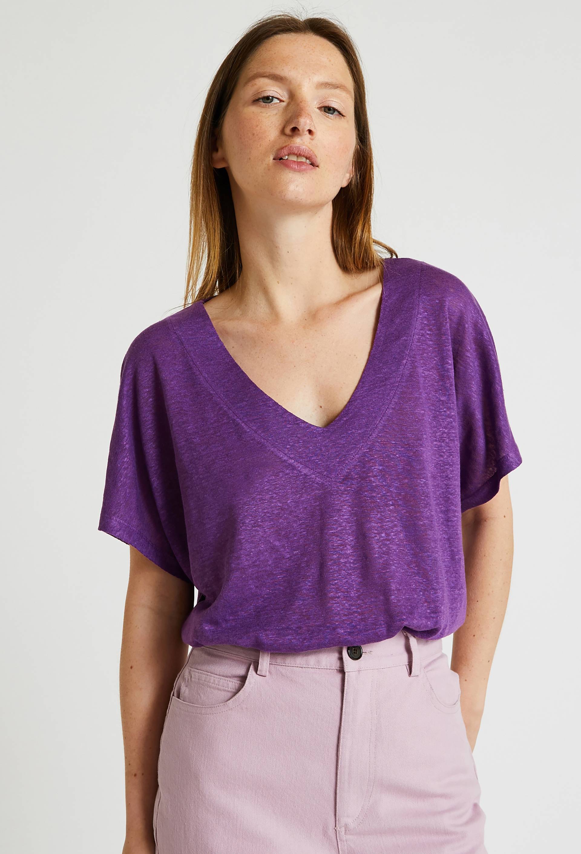 T.shirt uni en lin, Violet, large image number 0