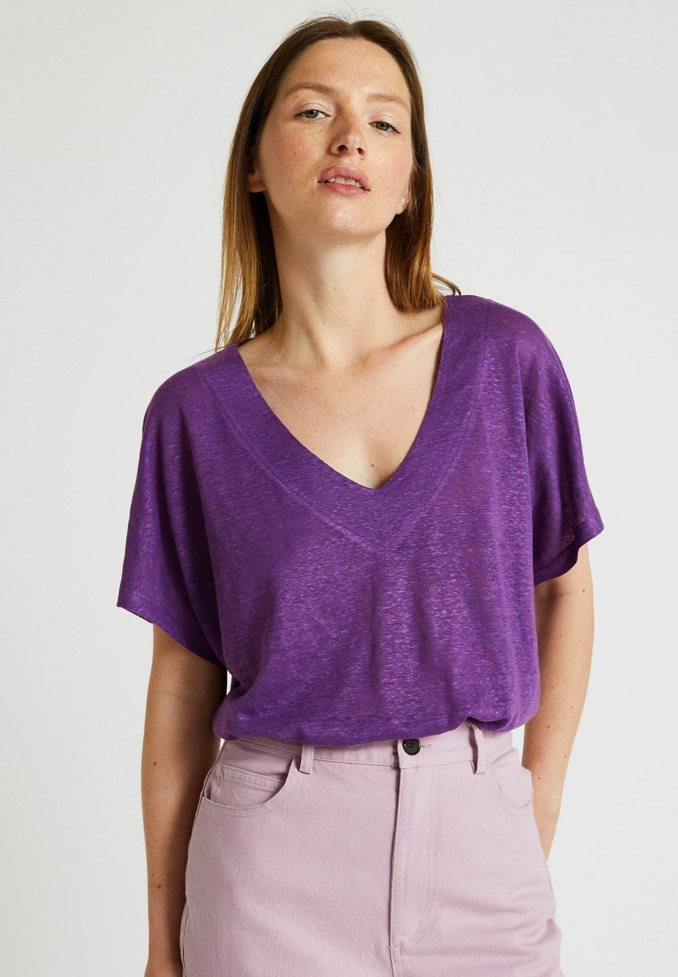 T.shirt uni en lin, Violet, large image number 3