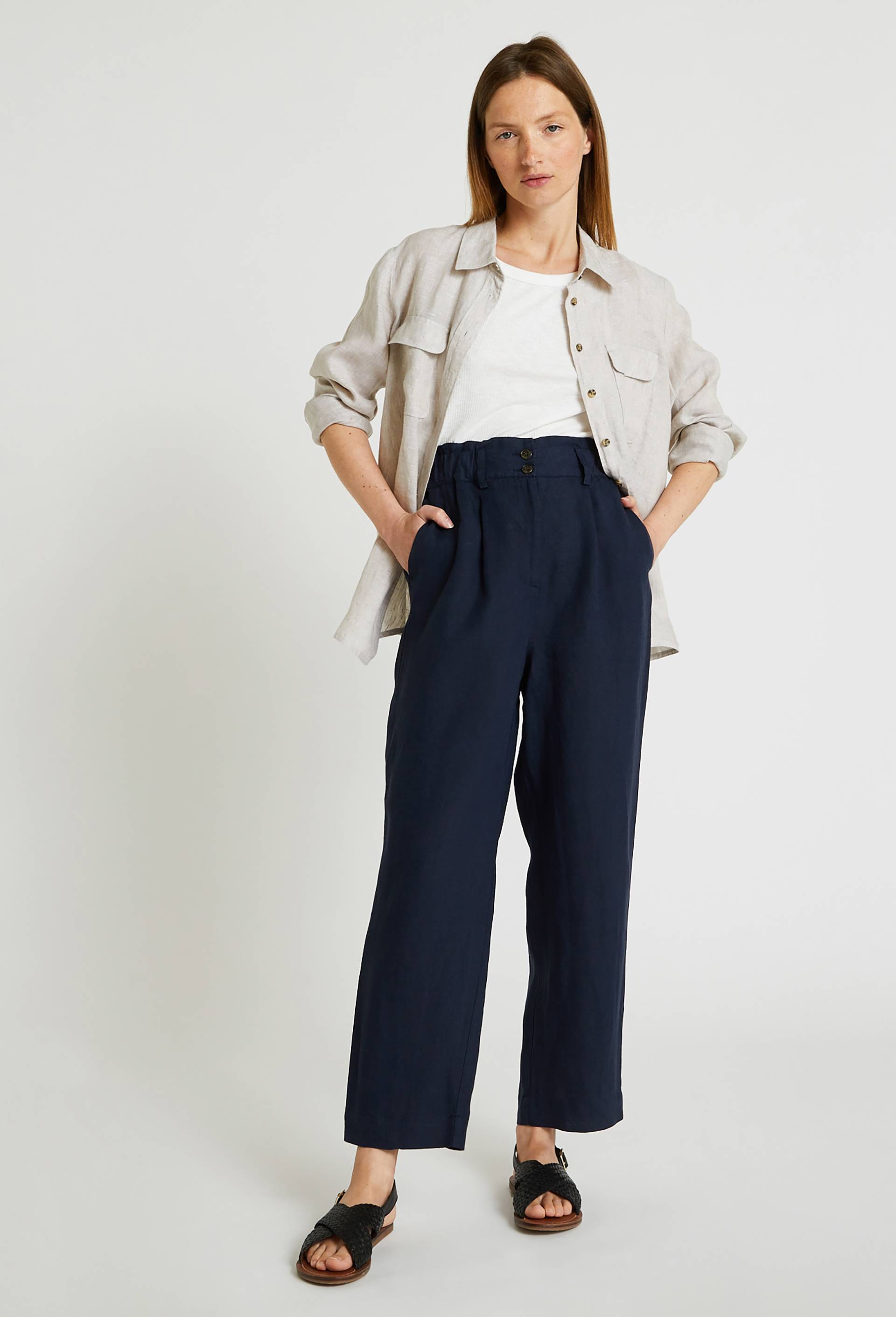 Pantalon en lin taille élastiquée, Bleu foncé, large image number 0
