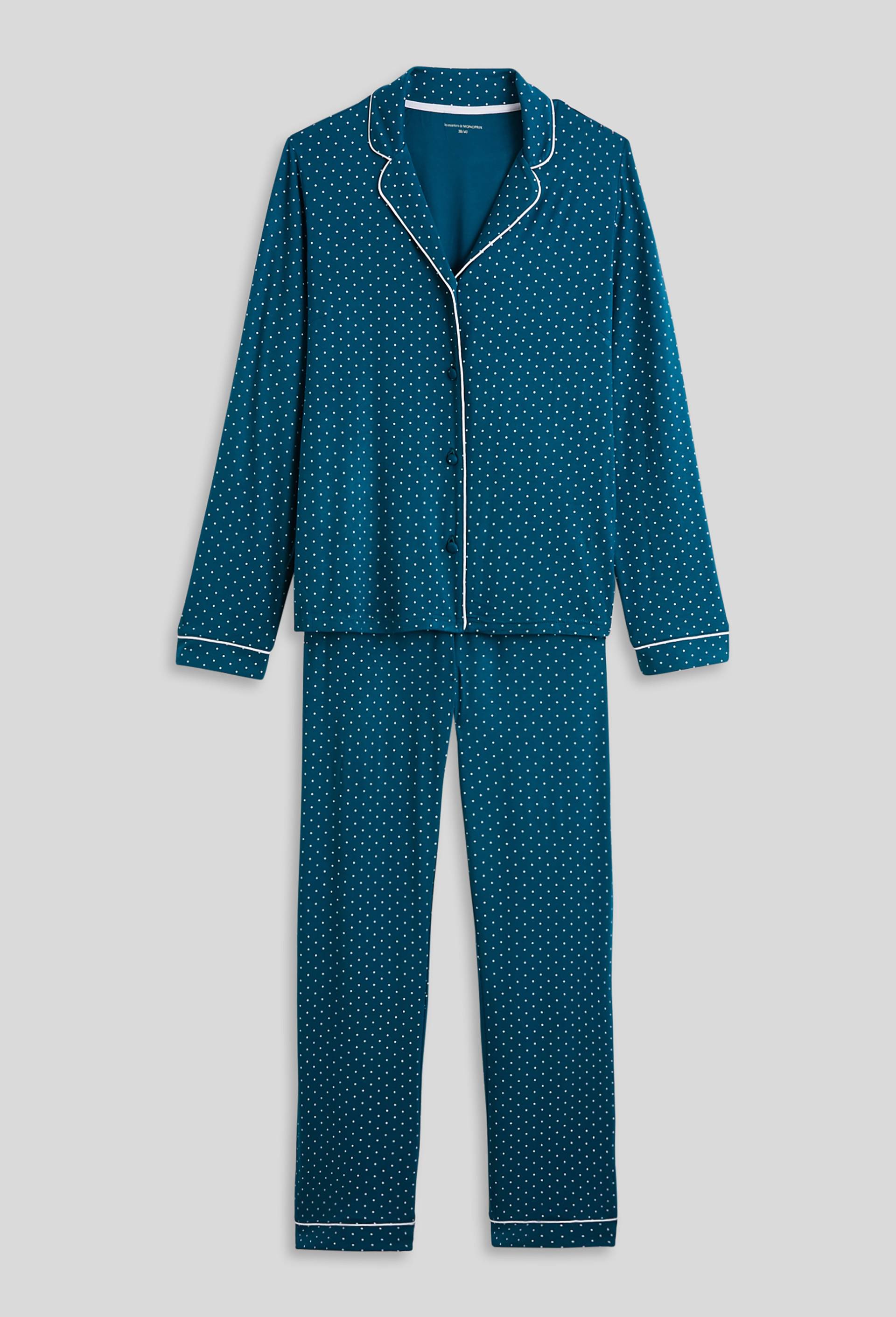 Pyjama col tailleur à pois en viscose ECOVERO, Vert foncé, large image number 2