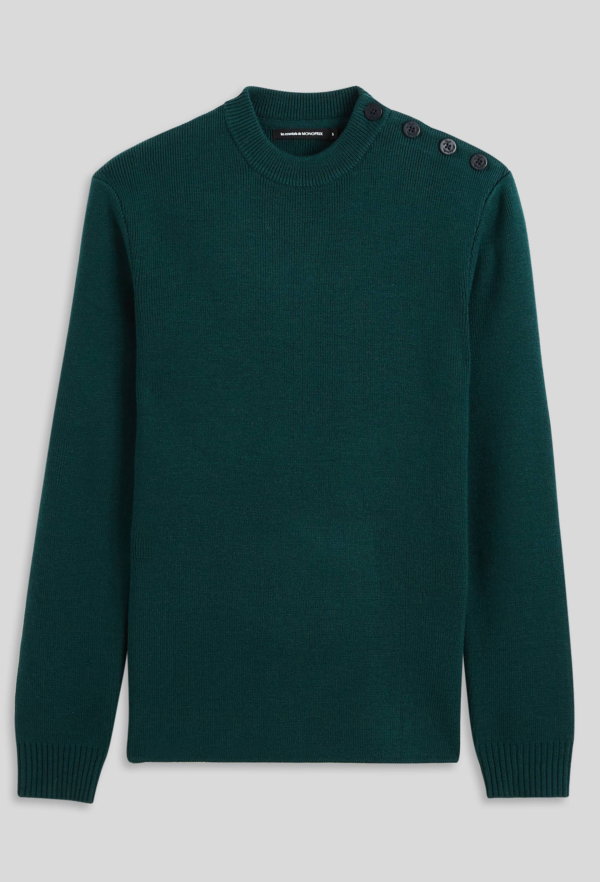 Pull col rond boutonné contenant de la laine, Vert foncé, swatch image