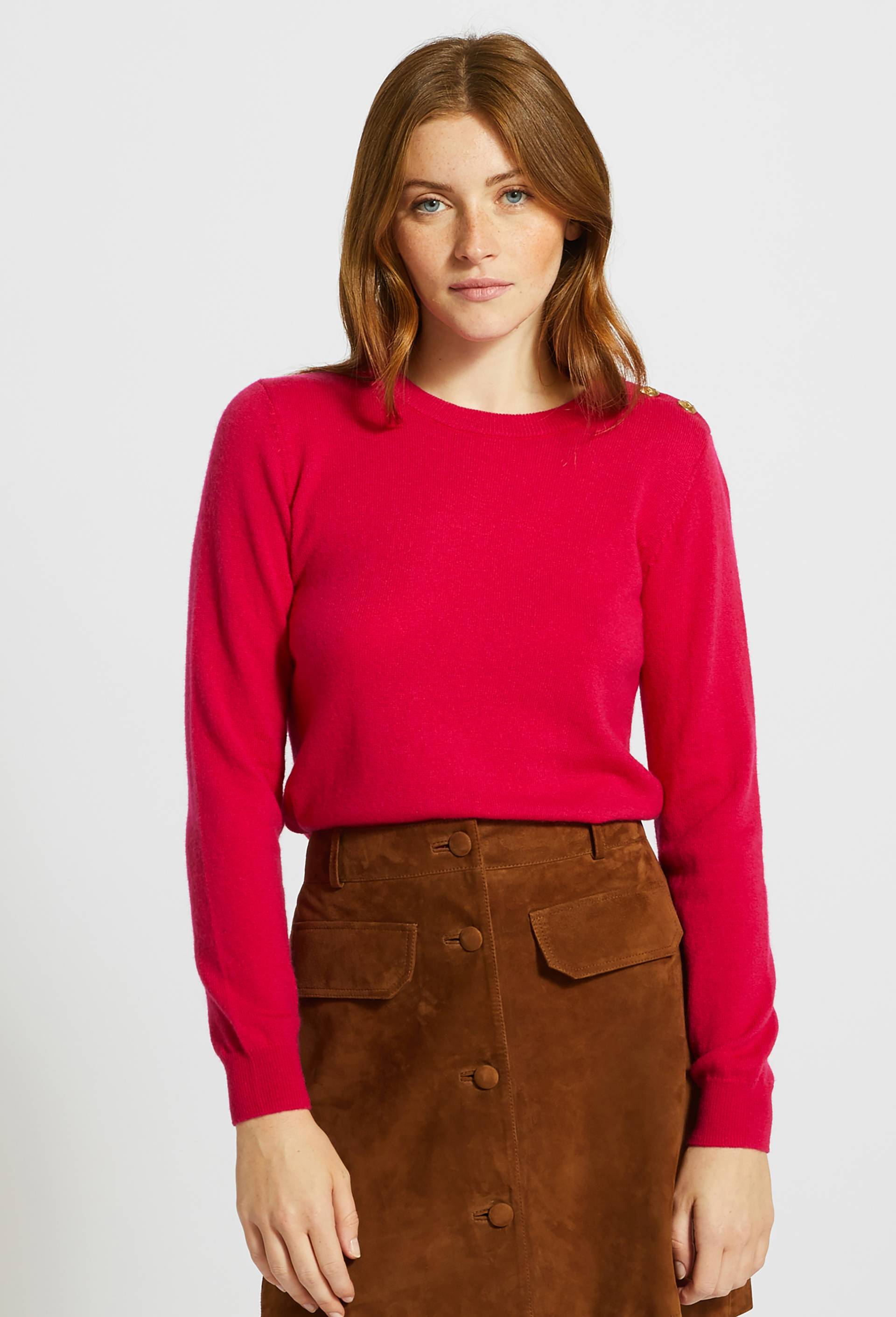 Pull col rond uni boutonn&eacute; &eacute;paule contenant de la laine et du cachemire, certifi&eacute; Oeko-Tex, Rose fonc&eacute;, large image number 0