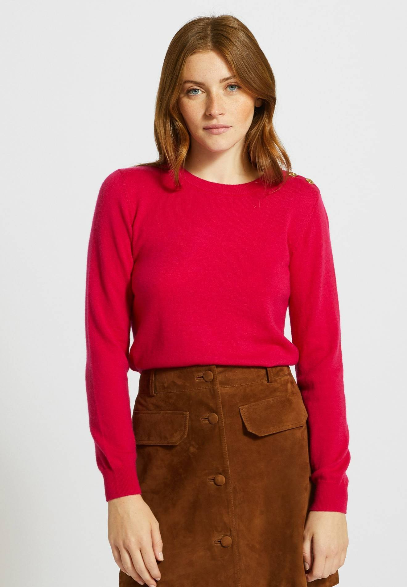 Pull col rond uni boutonn&eacute; &eacute;paule contenant de la laine et du cachemire, certifi&eacute; Oeko-Tex, Rose fonc&eacute;, large image number 3.0