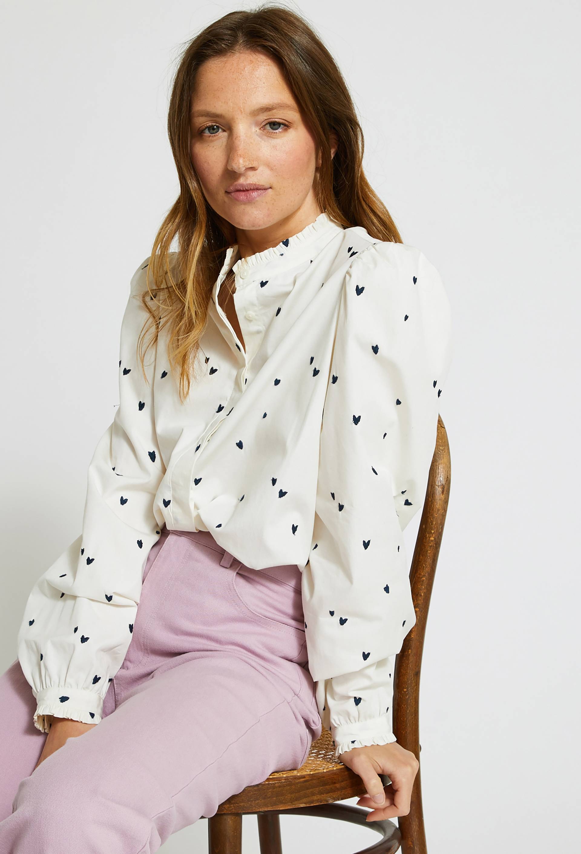 Chemise avec broderie en coton, Bleu foncé, large image number 0.0