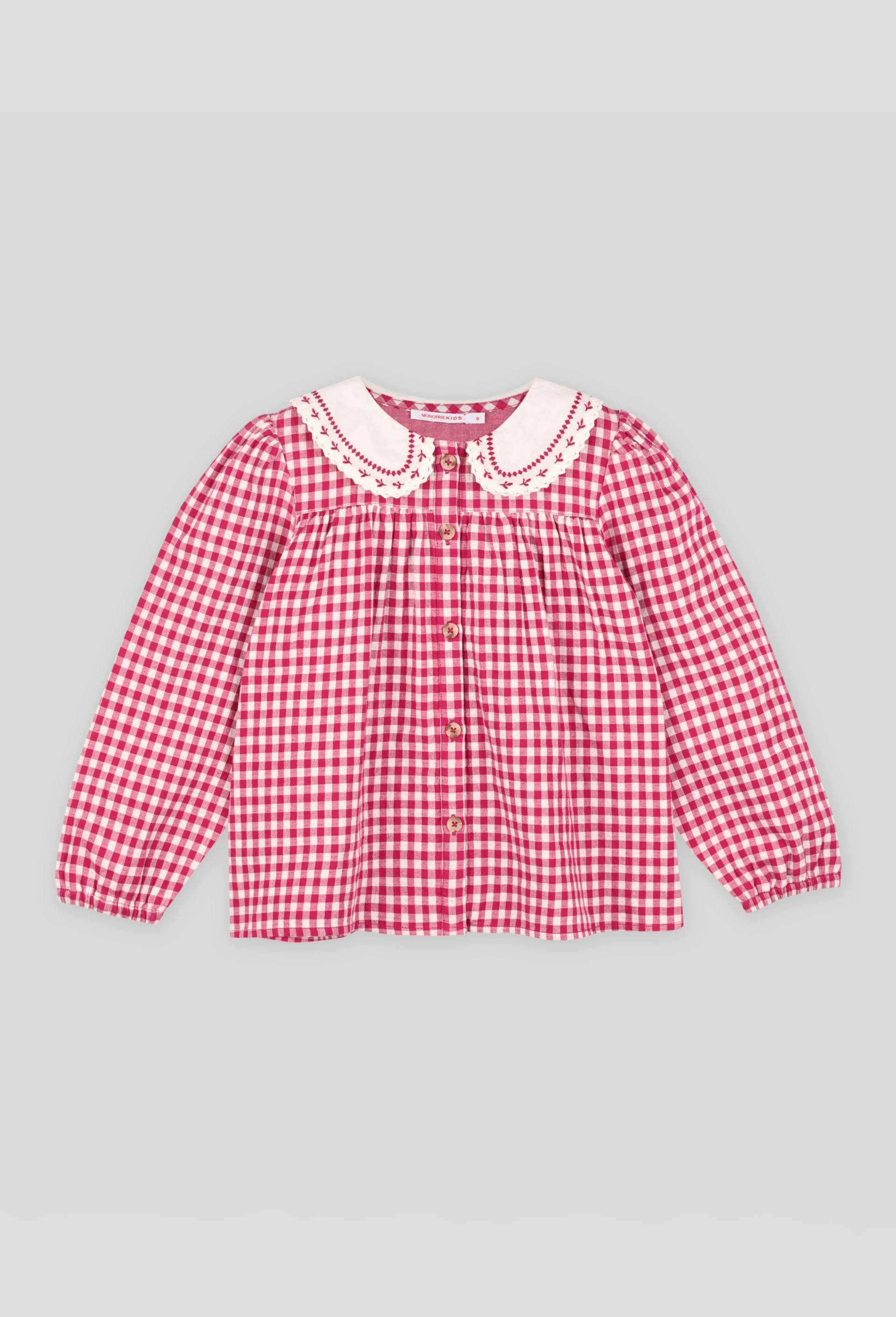 Chemise vichy col brodé certifiée Oekotex, Rose, large image number 0