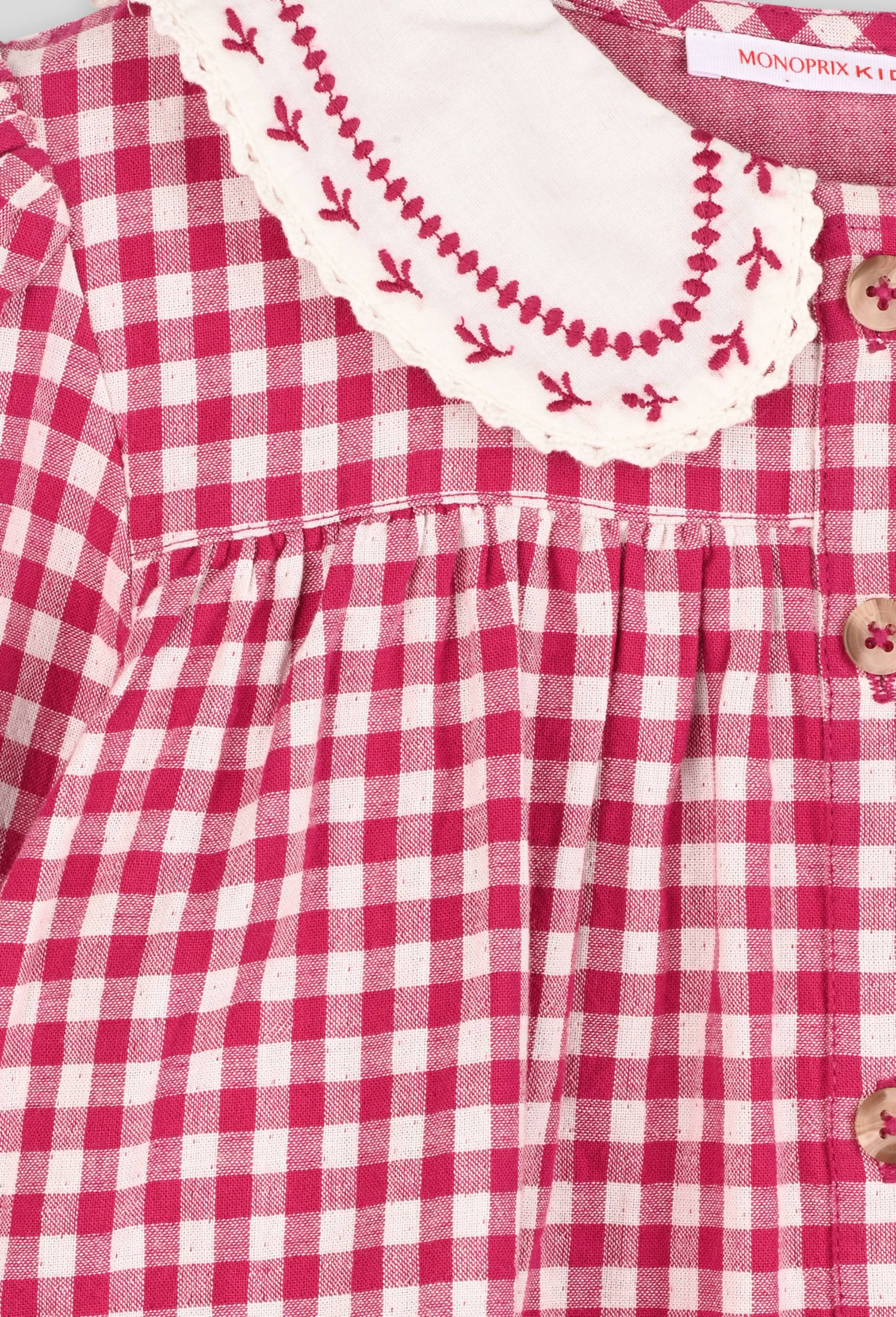 Chemise vichy col brodé certifiée Oekotex, Rose, large image number 2