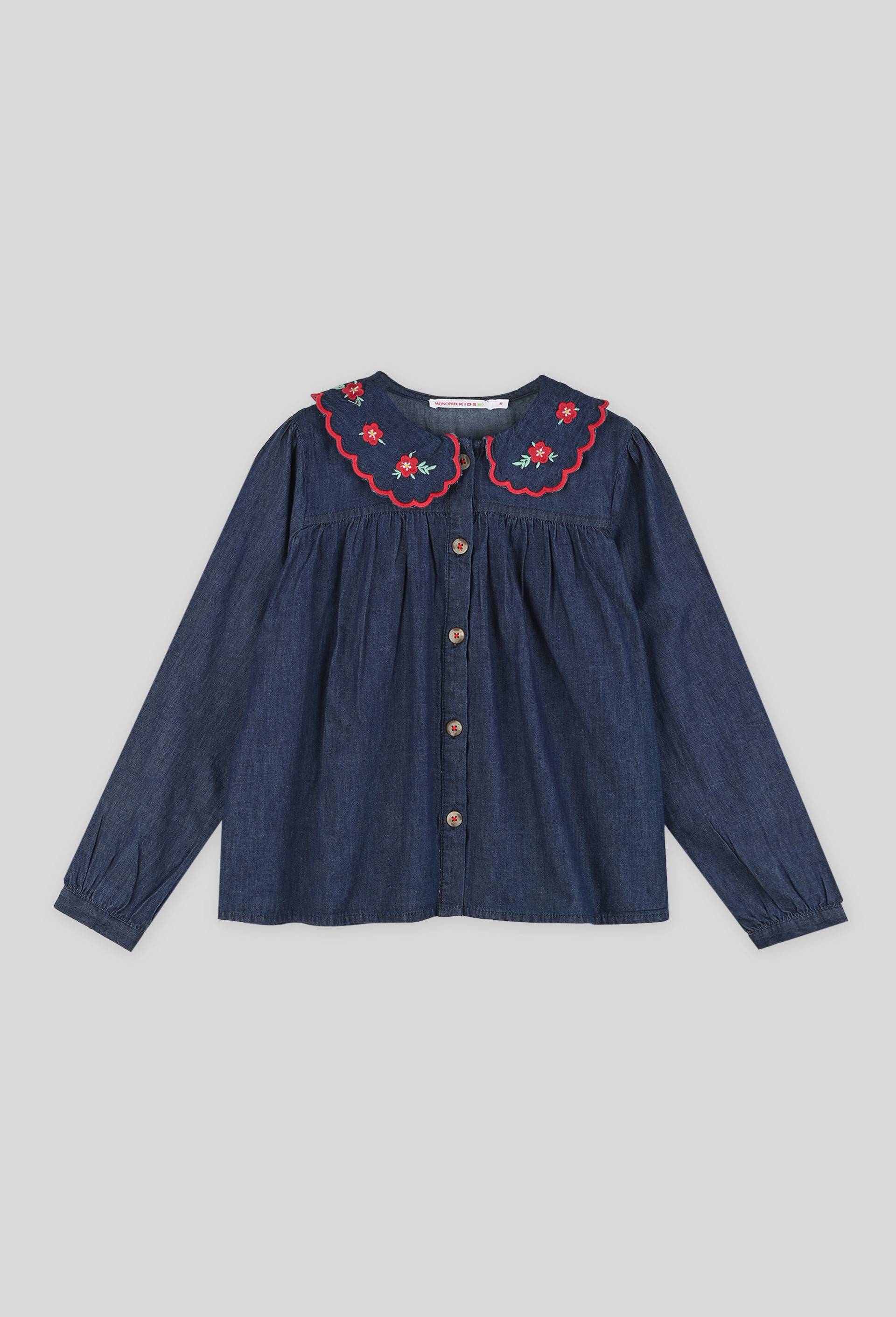 Chemise denim col brodé certifiée Oekotex, Bleu foncé, large image number 0.0