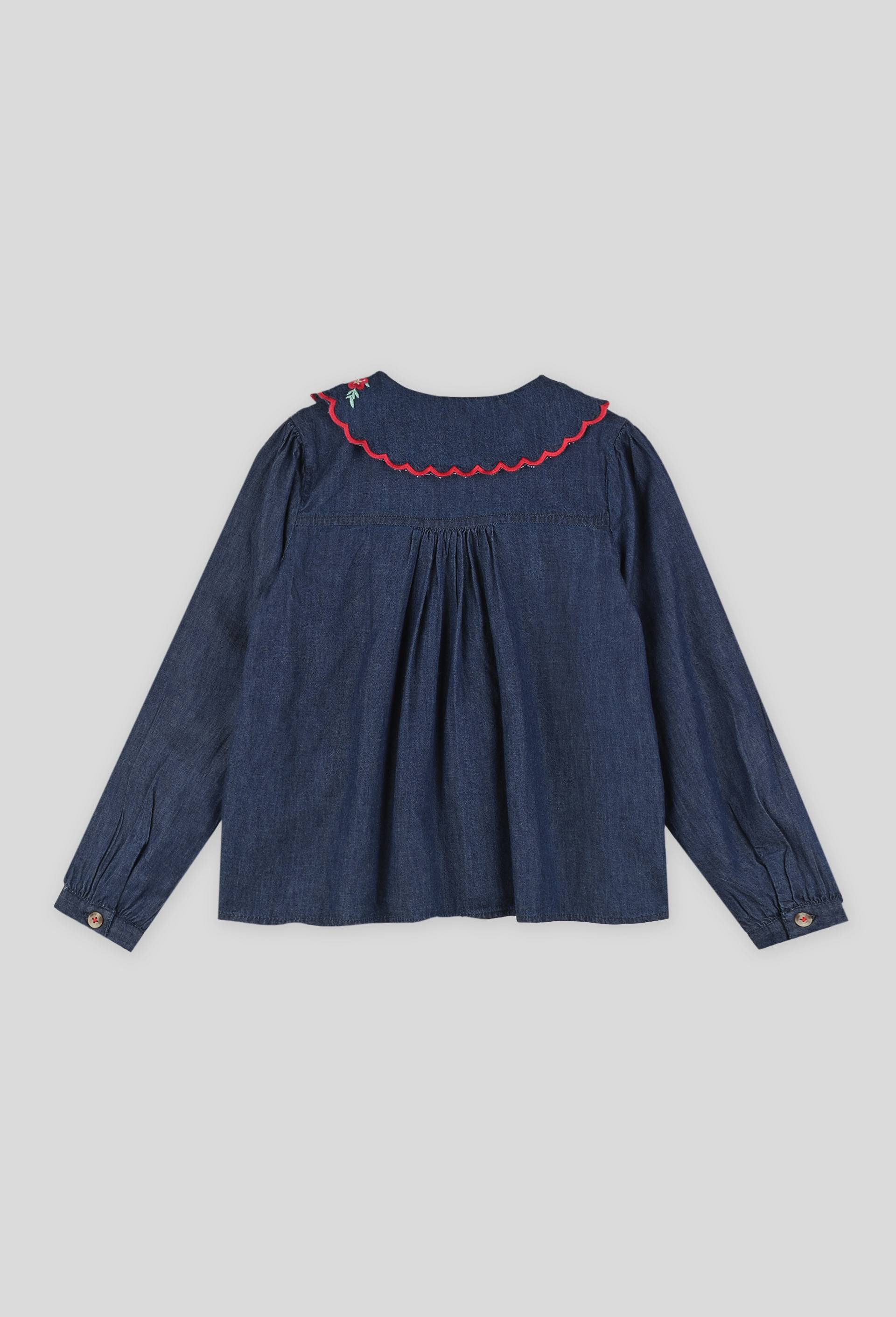 Chemise denim col brodé certifiée Oekotex, Bleu foncé, large image number 1.0