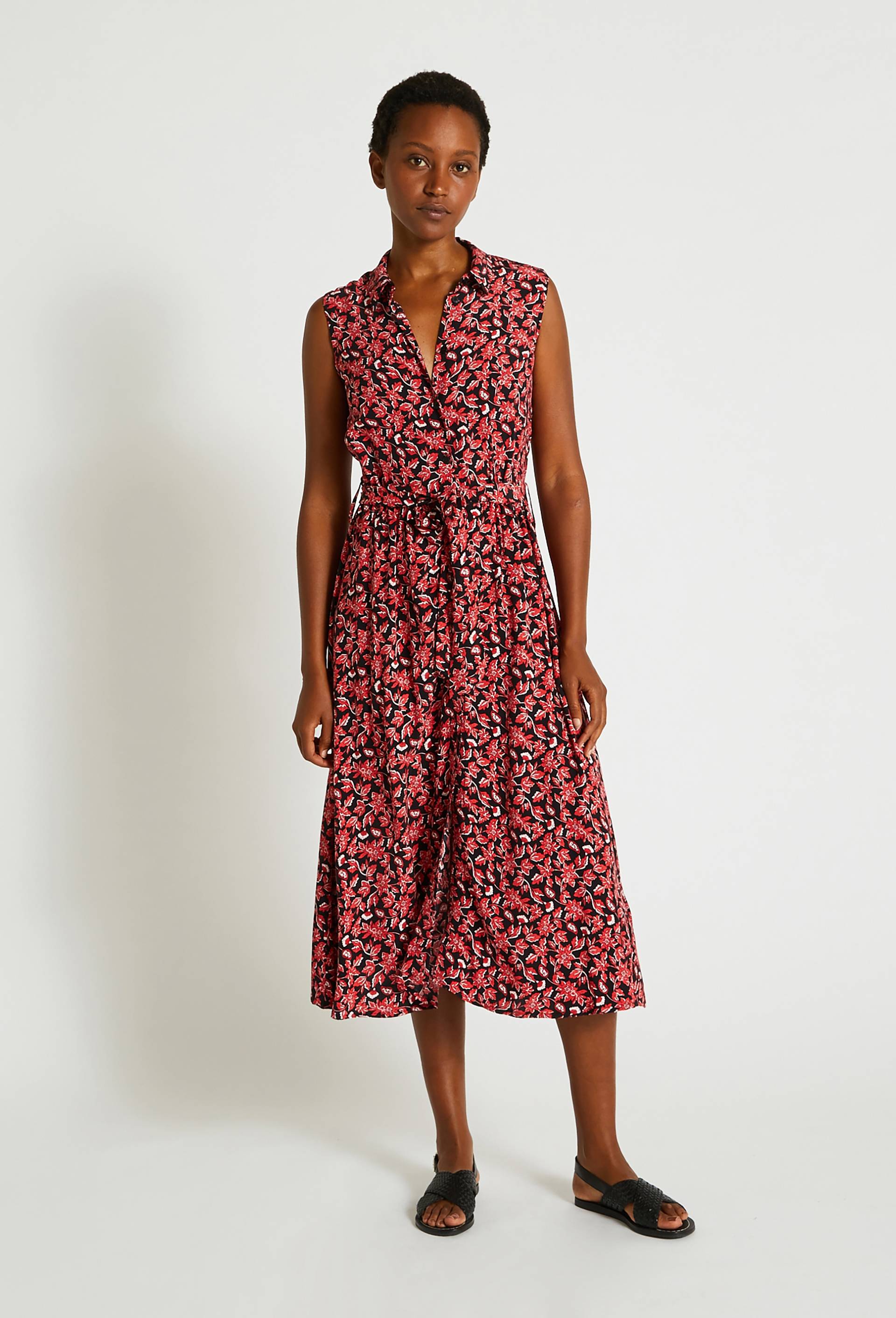 Robe chemise sans manches en viscose imprimée, Noir, large image number 0.0