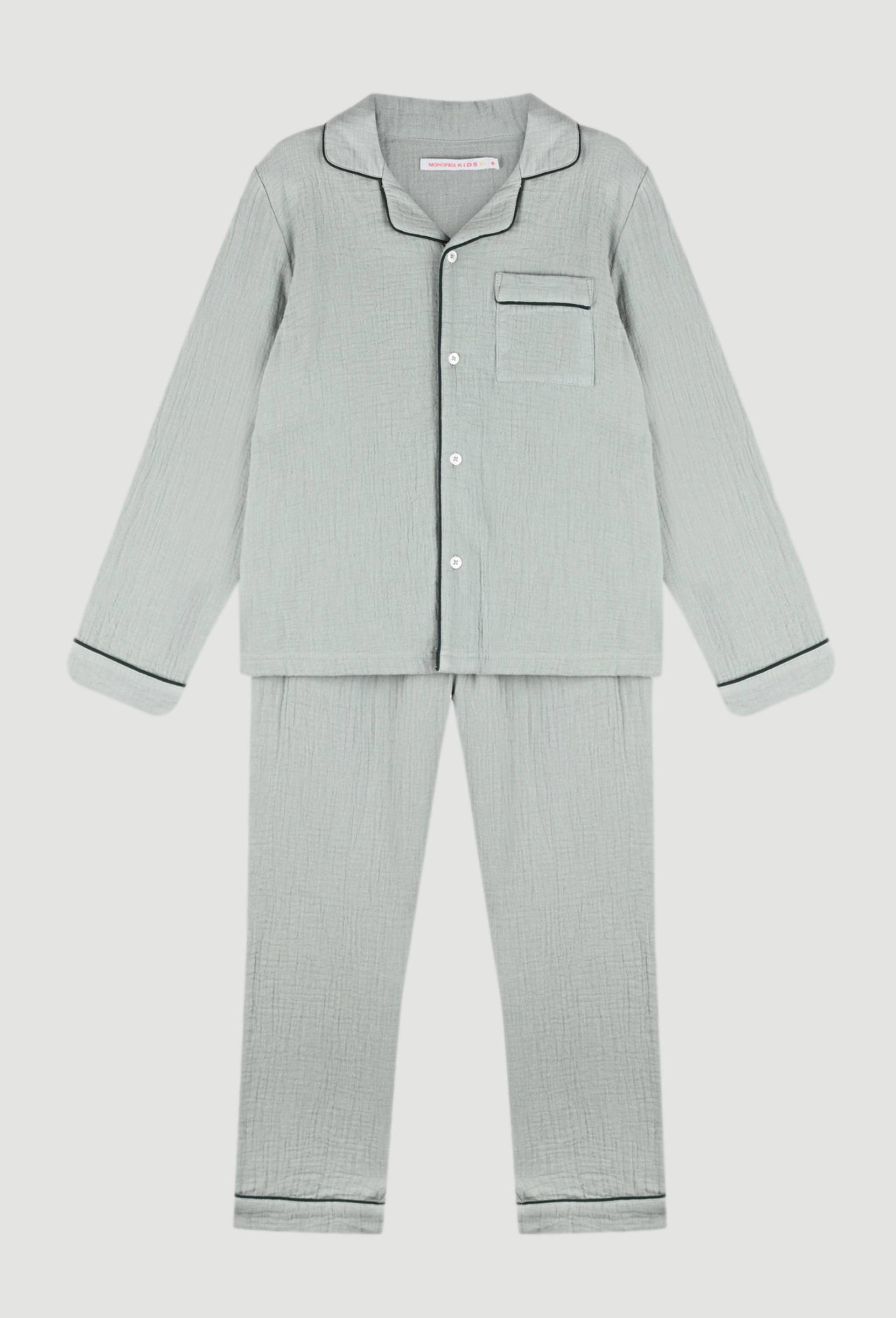 Pyjama long col chemise uni en gaze de coton BIO, Bleu, large image number 0
