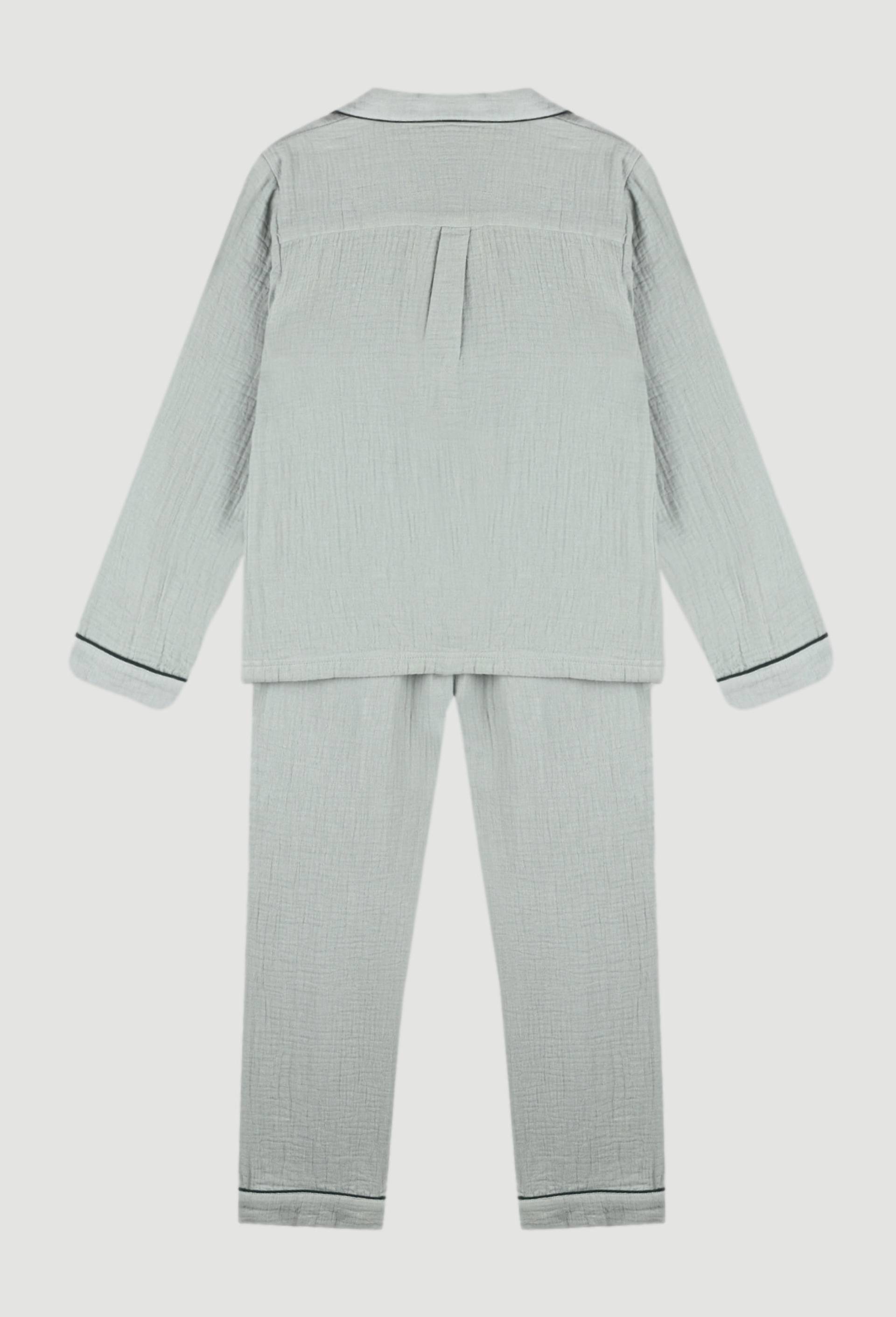 Pyjama long col chemise uni en gaze de coton BIO, Bleu, large image number 1