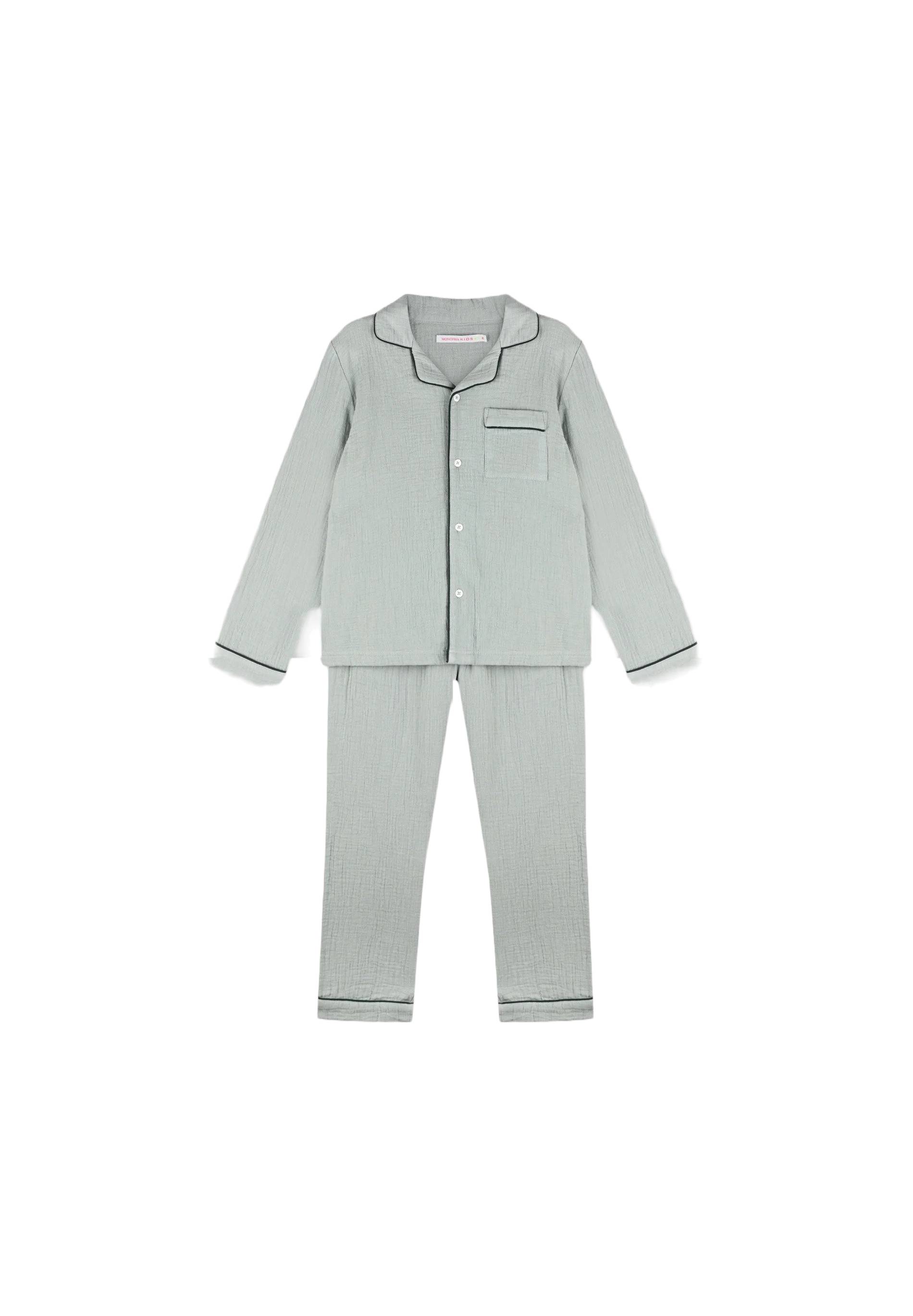 Pyjama long col chemise uni en gaze de coton BIO, Bleu, large image number 3