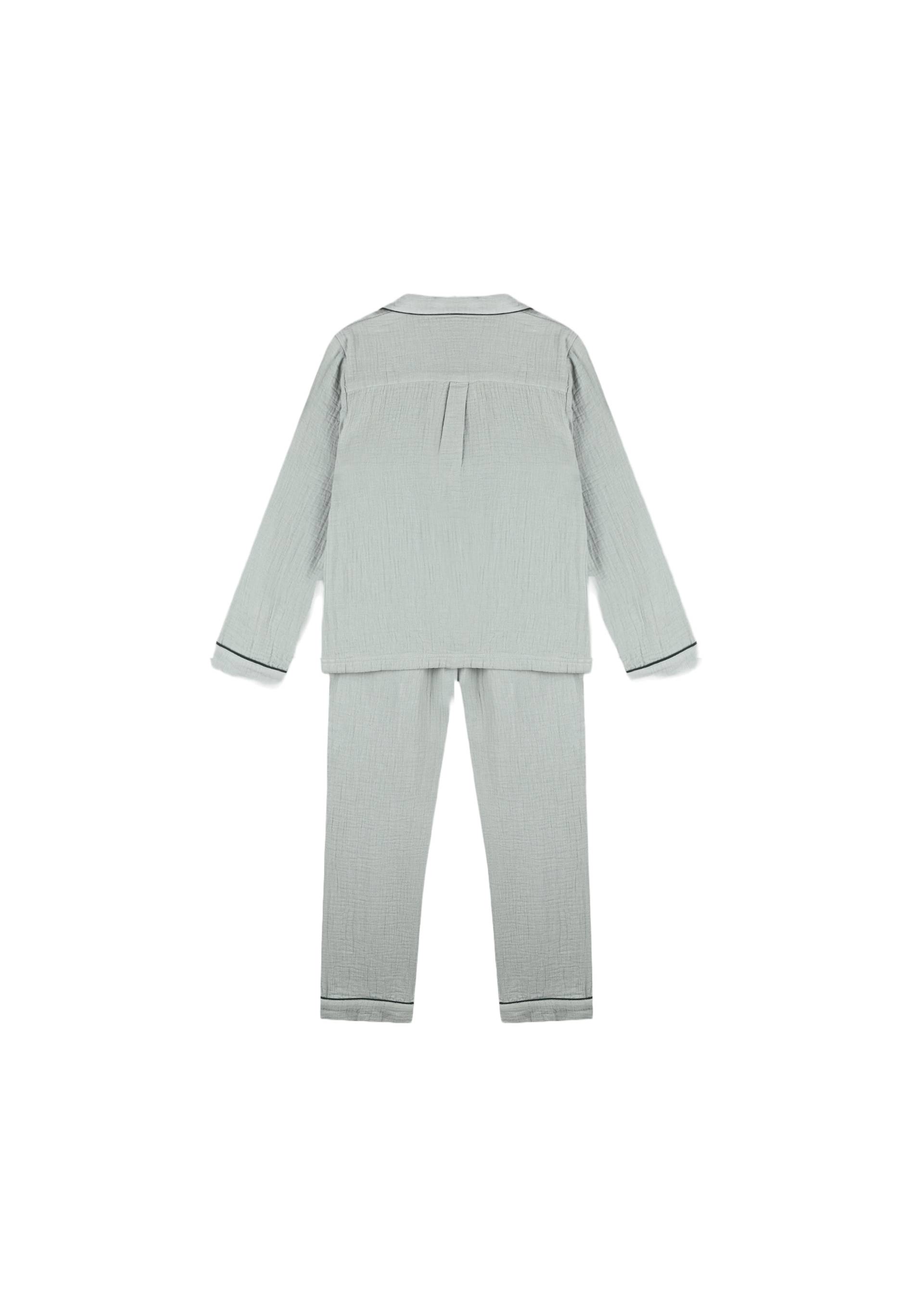 Pyjama long col chemise uni en gaze de coton BIO, Bleu, large image number 4