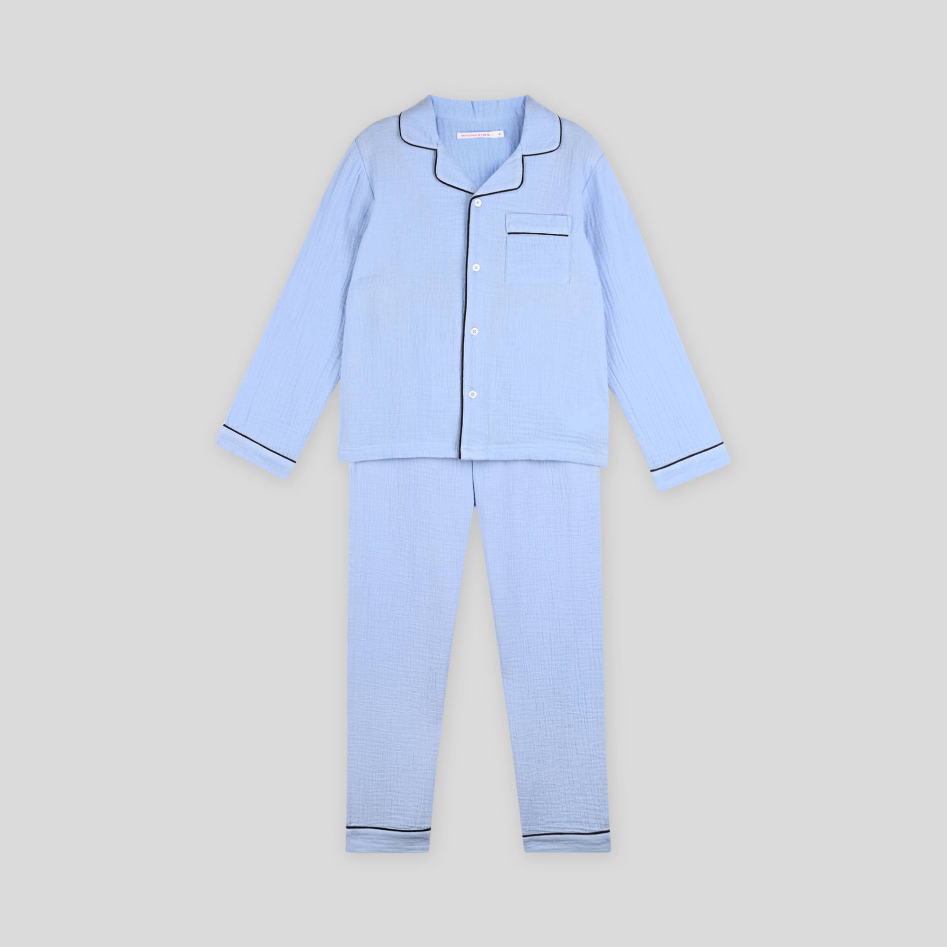 Pyjama long col chemise uni en gaze de coton BIO, Bleu, large image number 0.0