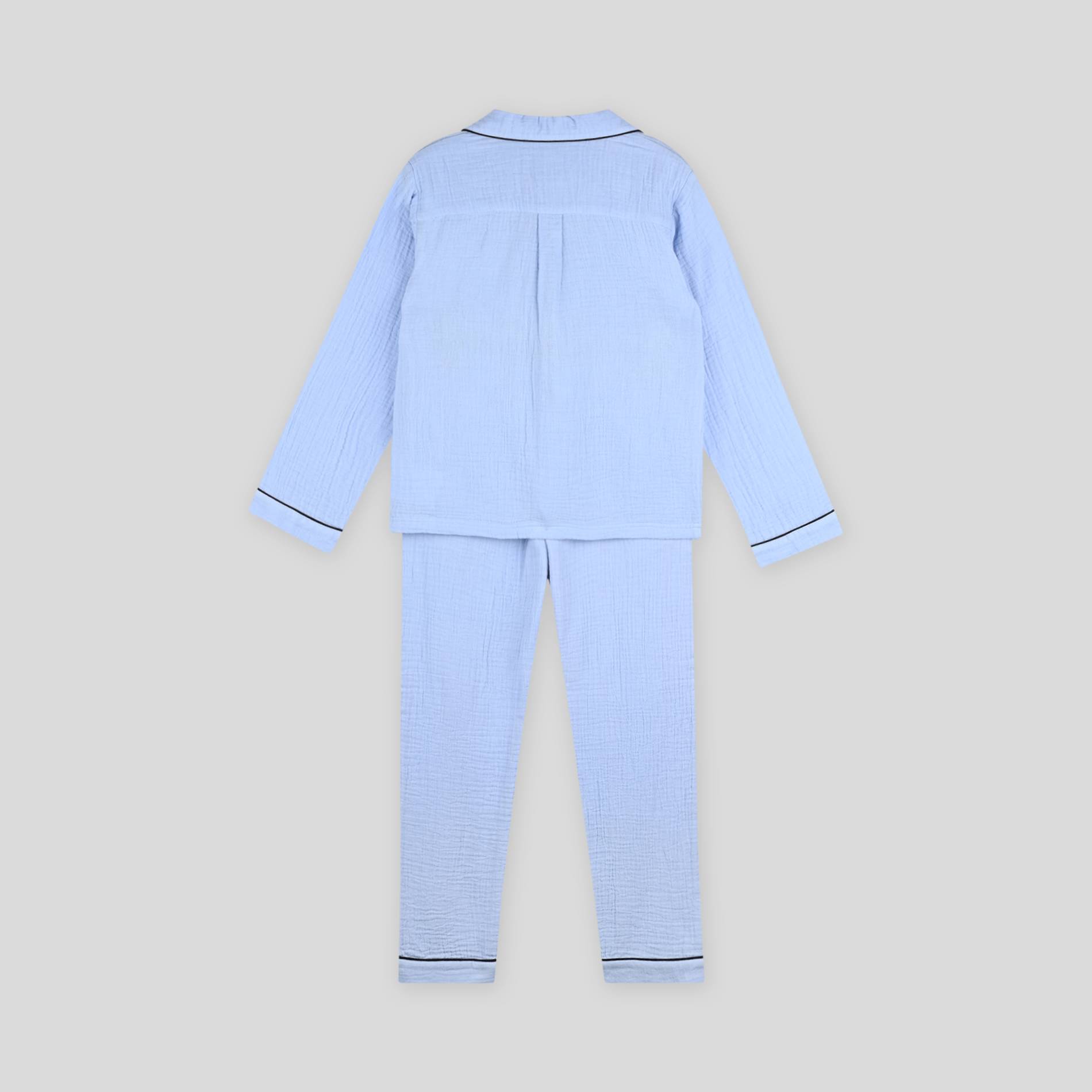 Pyjama long col chemise uni en gaze de coton BIO, Bleu, large image number 1.0