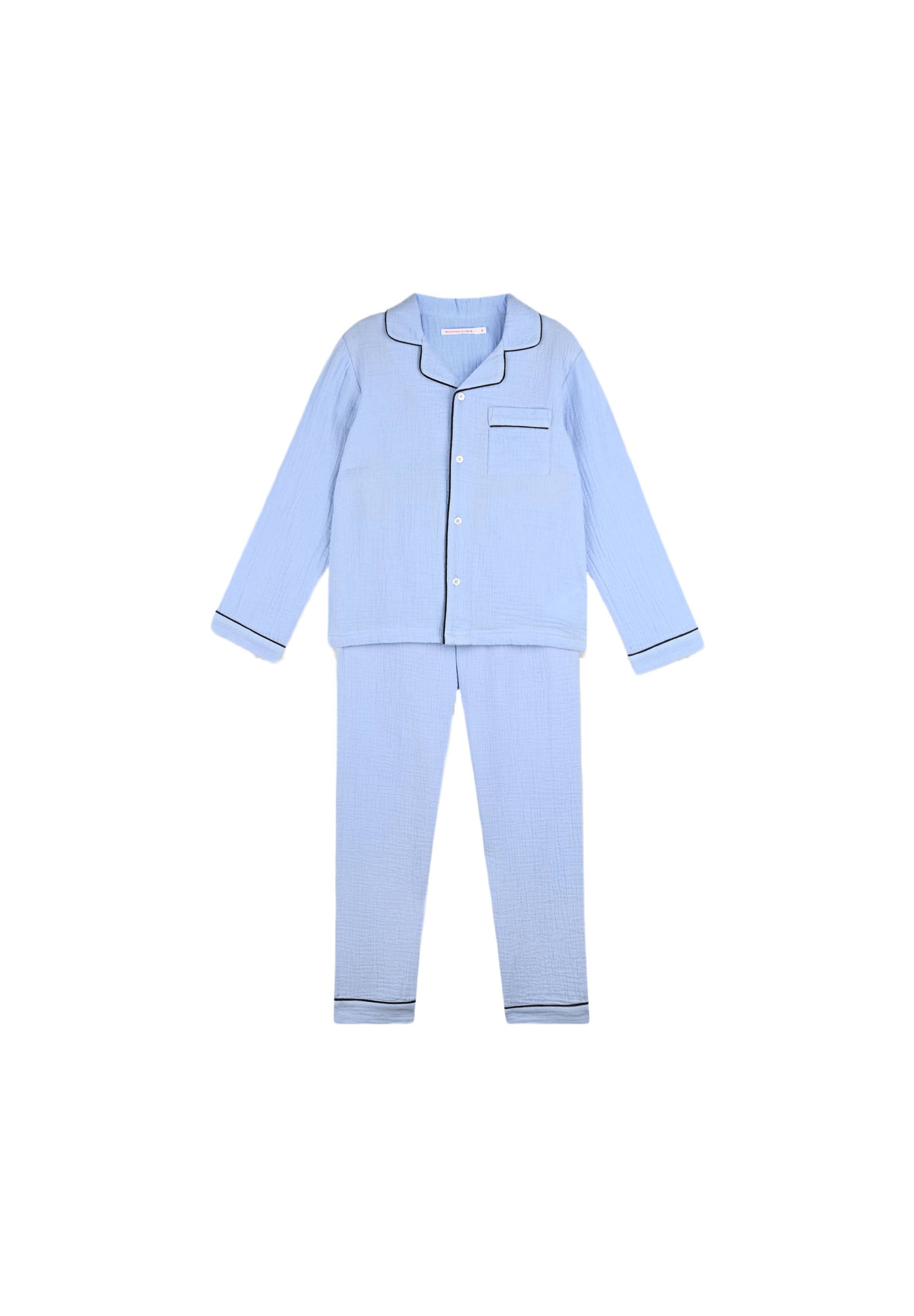 Pyjama long col chemise uni en gaze de coton BIO, Bleu, large image number 3