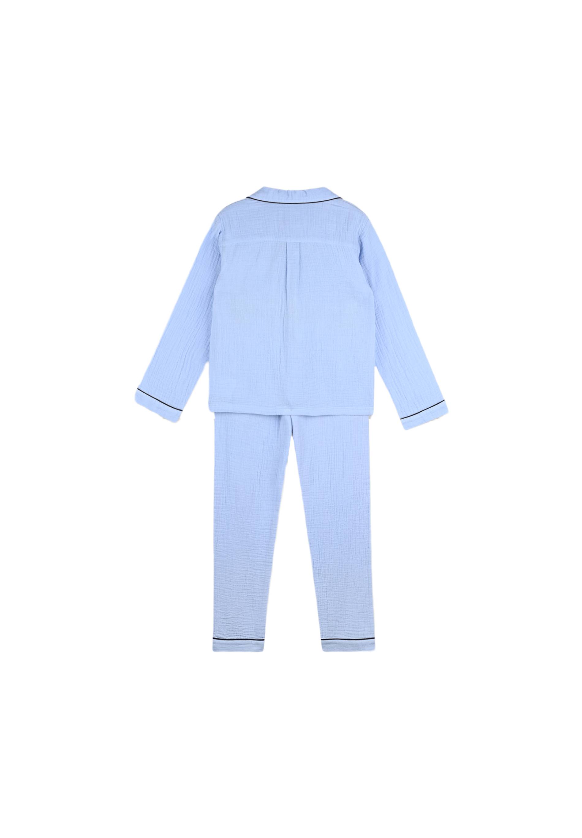 Pyjama long col chemise uni en gaze de coton BIO, Bleu, large image number 4