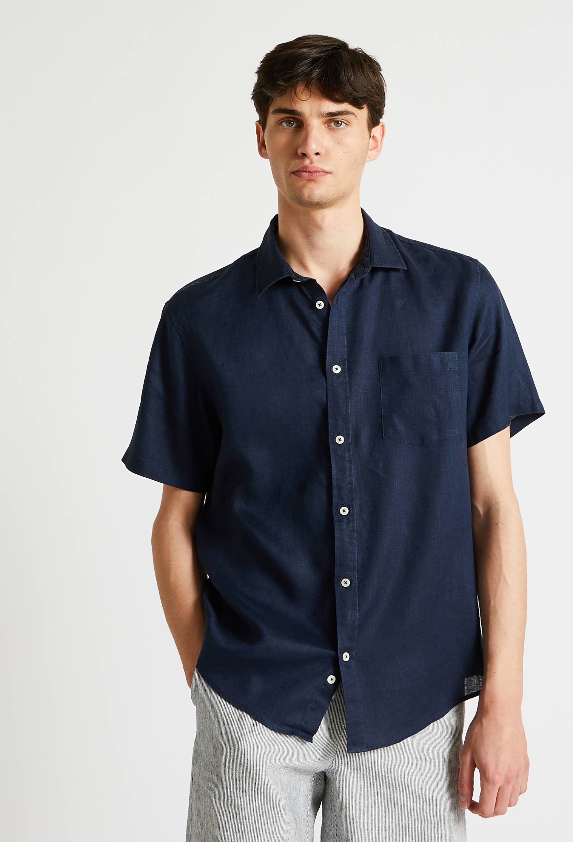 Chemise manches courtes en lin, Bleu foncé, swatch image
