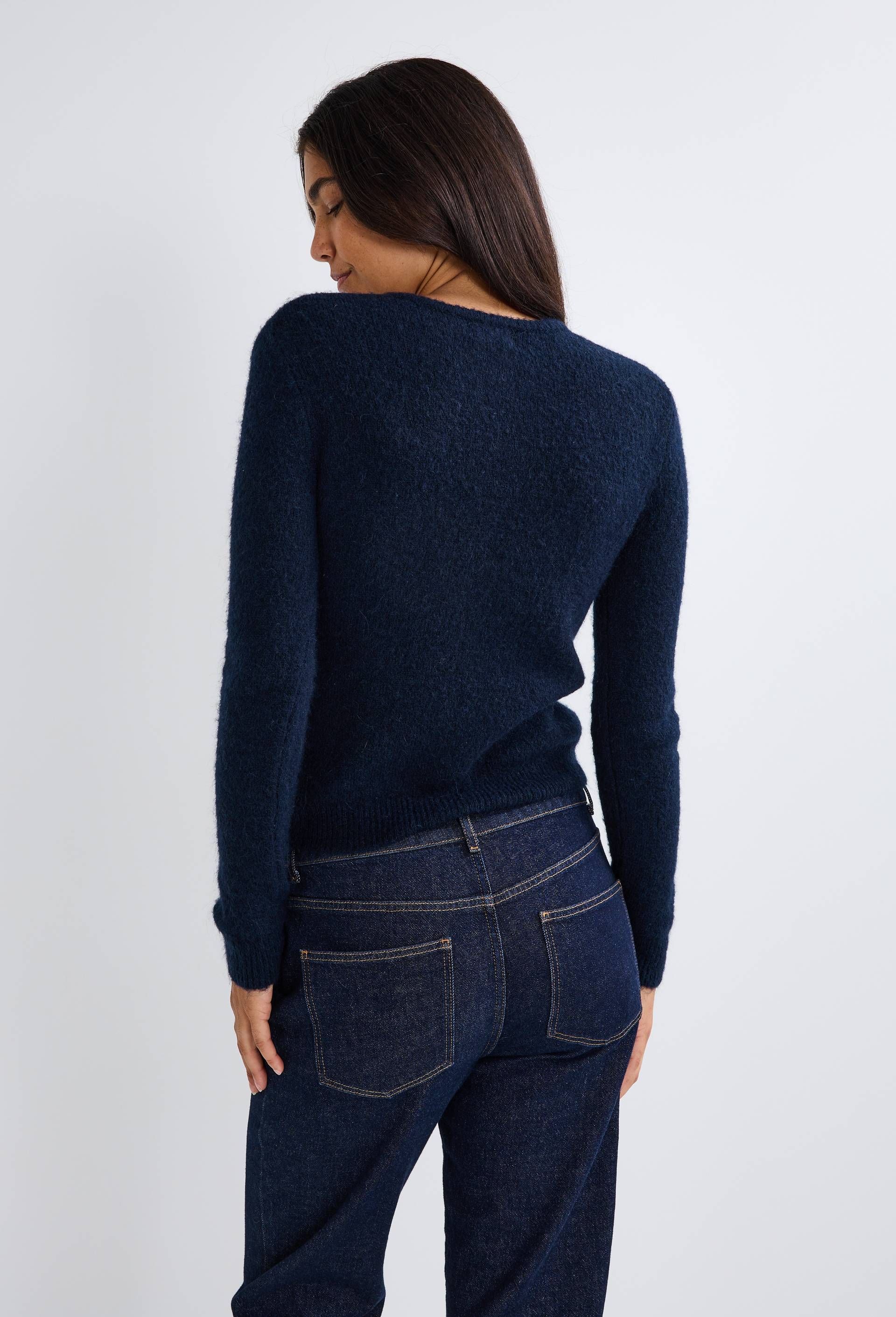 Cardigan col rond uni contenant de l'alpaga, Bleu foncé, large image number 1