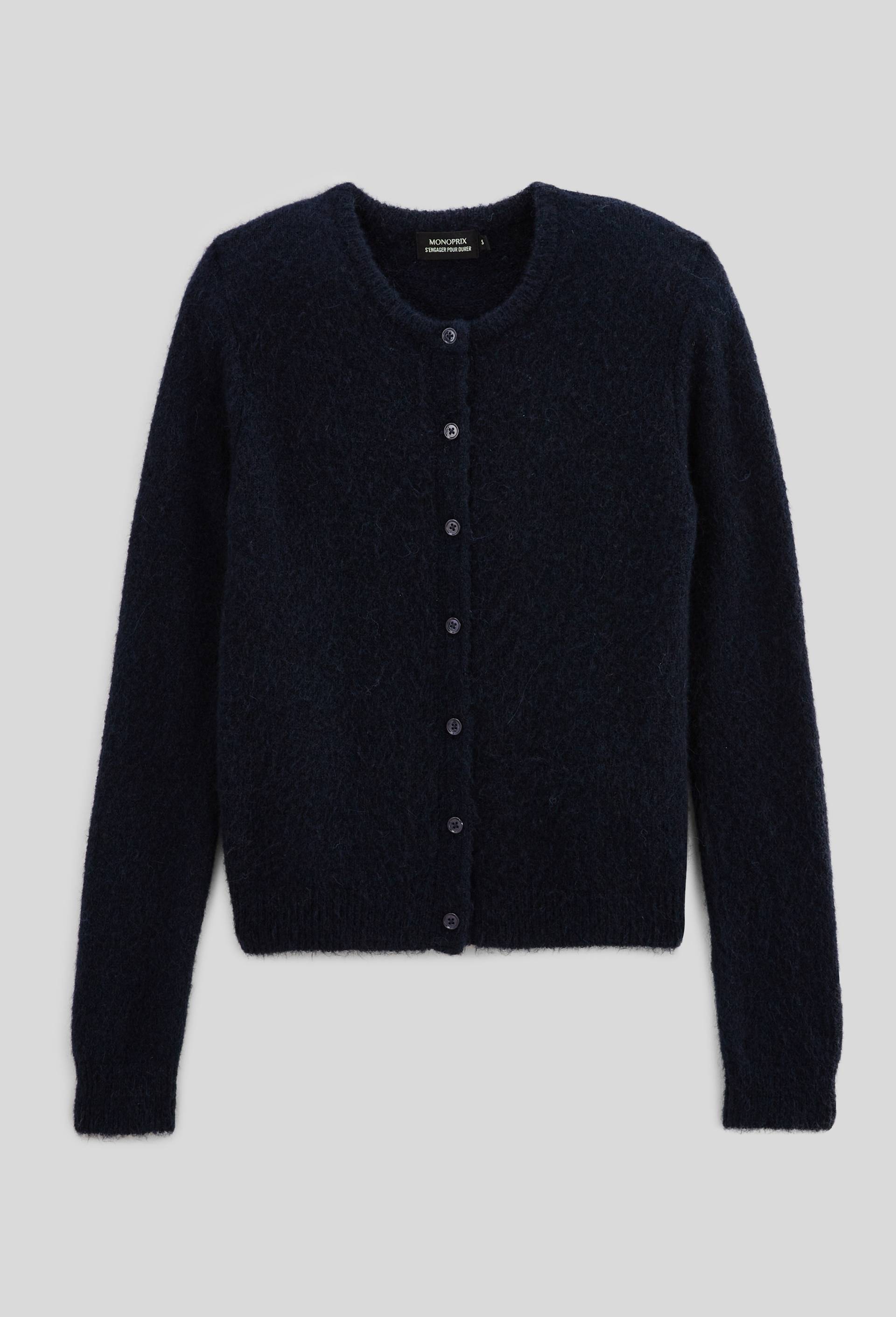 Cardigan col rond uni contenant de l'alpaga, Bleu foncé, large image number 2