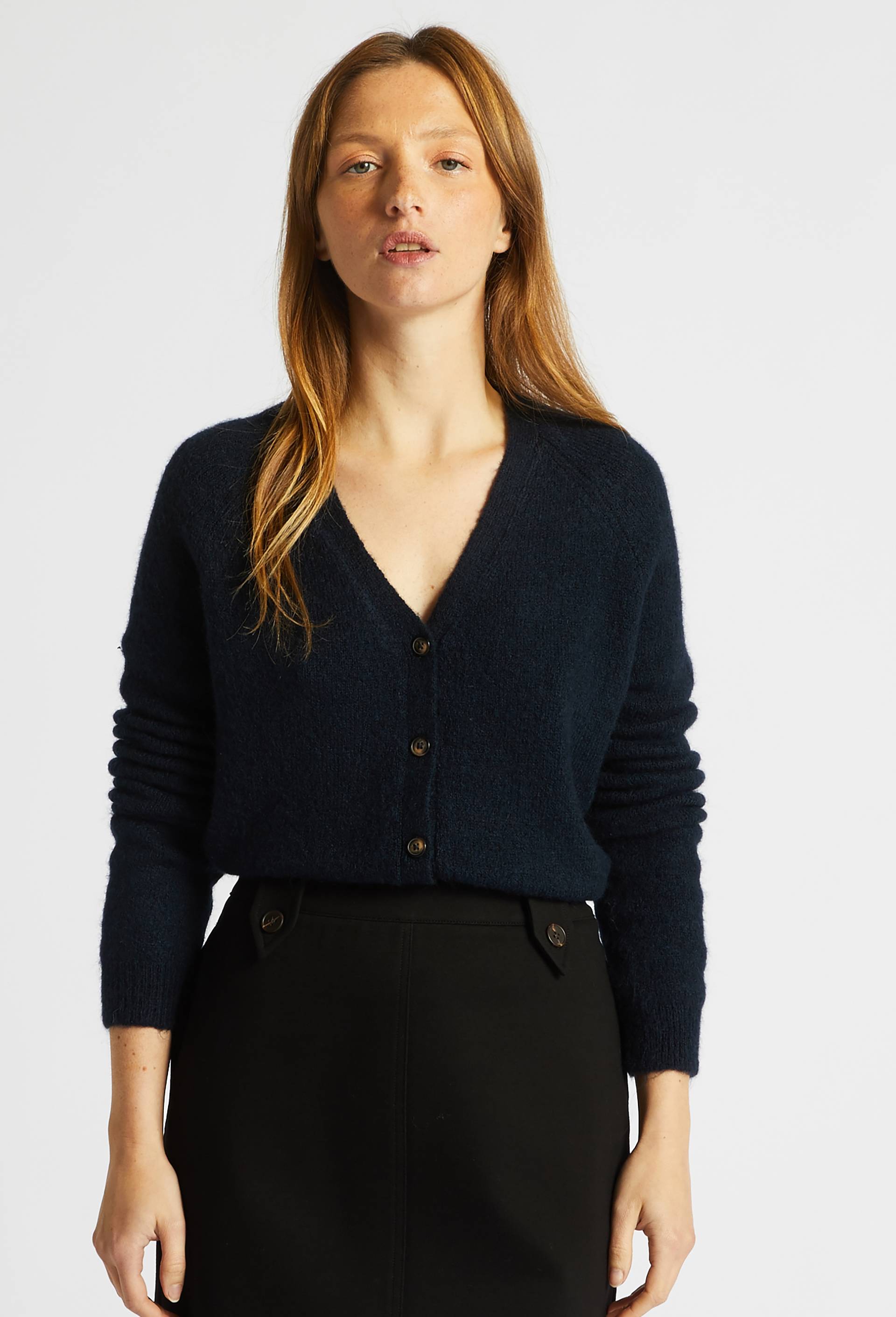 Cardigan col V contenant de l'alpaga, Bleu foncé, large image number 0.0