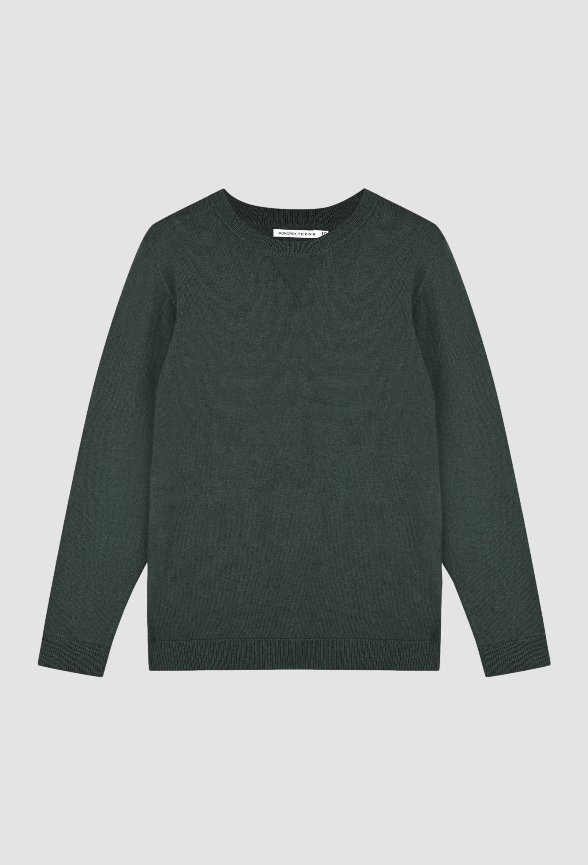 Pull col rond uni contenant de la laine, certifié OEKO-TEX, Vert foncé, large image number 0.0