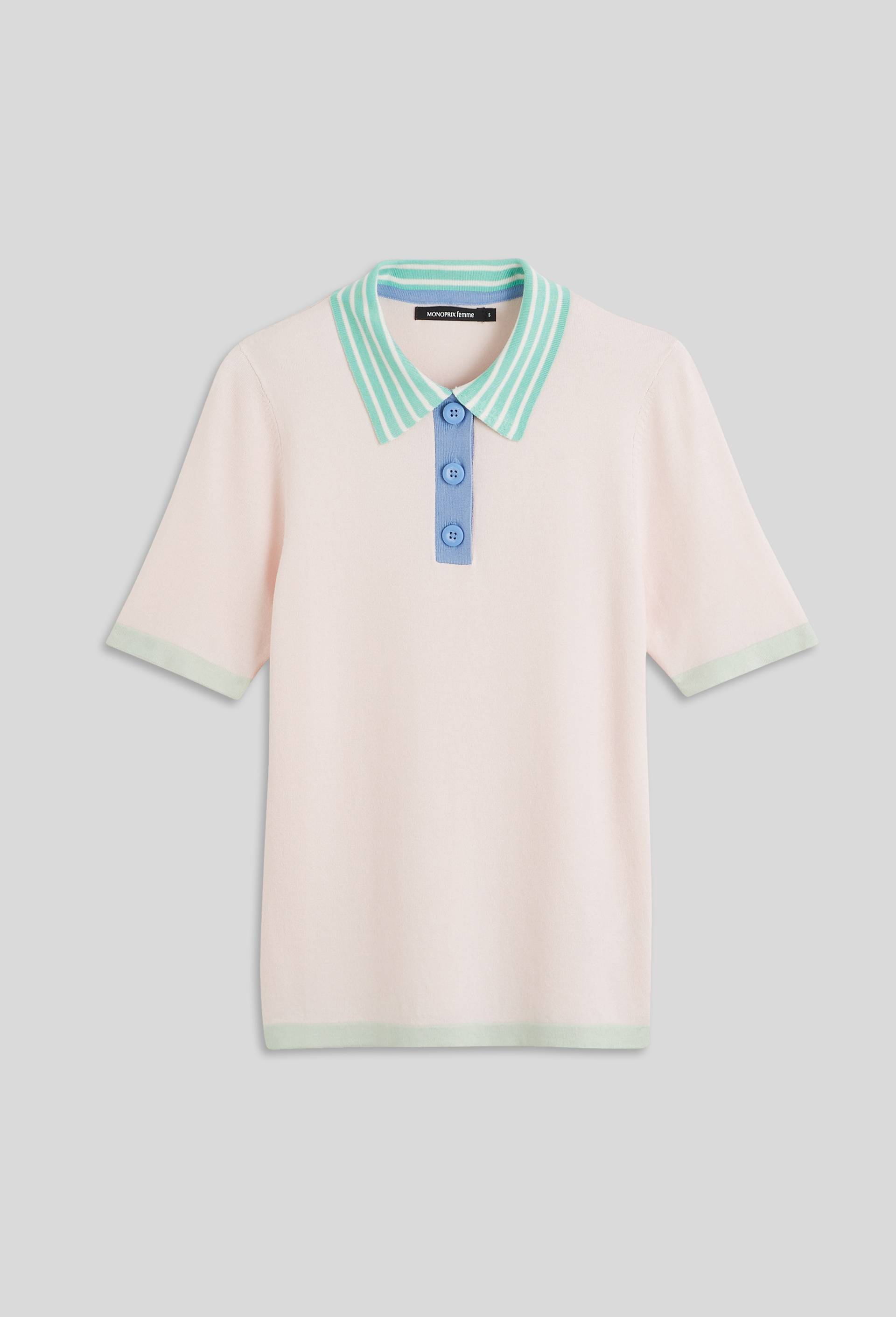 Pull col polo rayé Oekotex, Rose clair, large image number 2