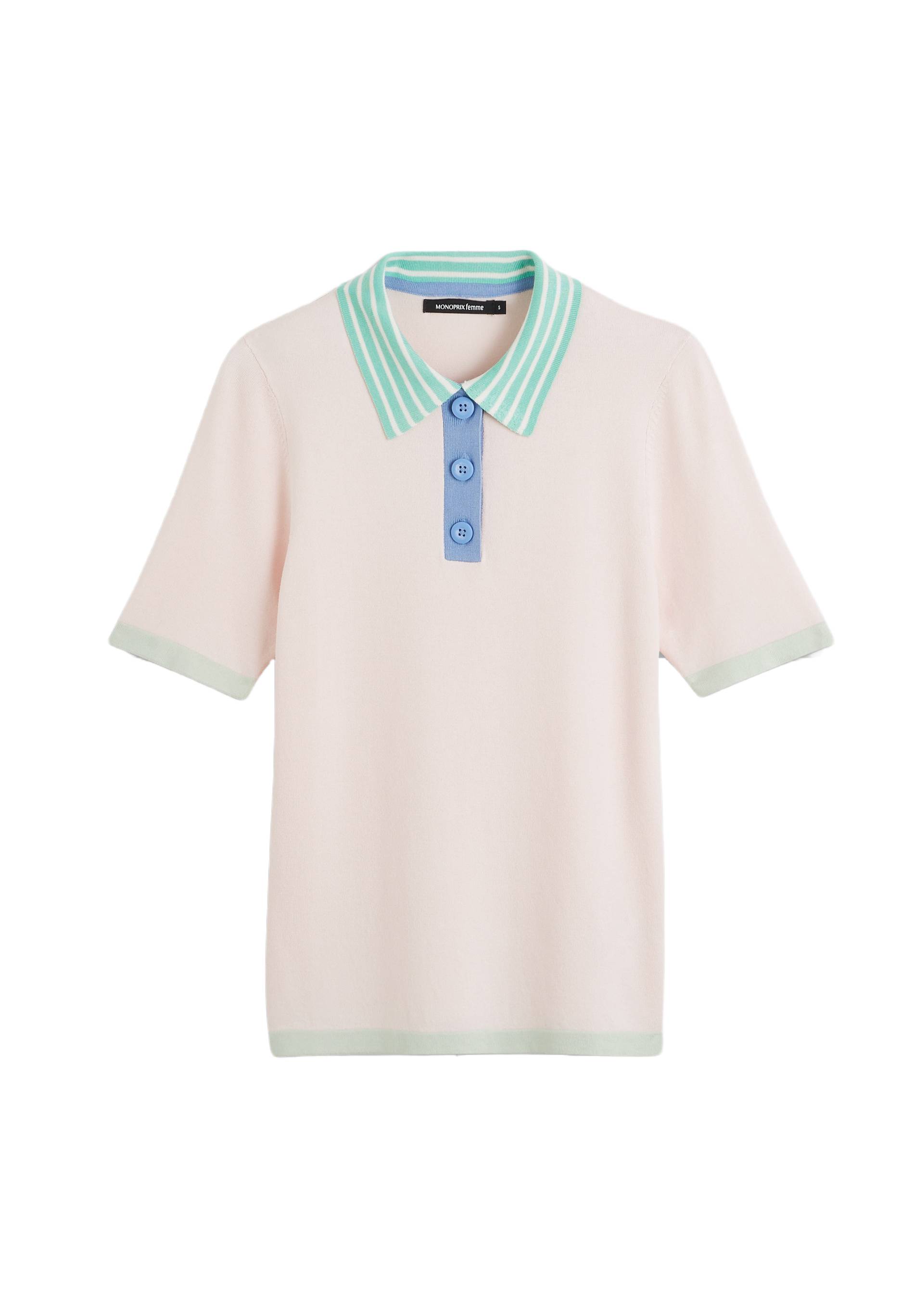 Pull col polo rayé Oekotex, Rose clair, large image number 5.0