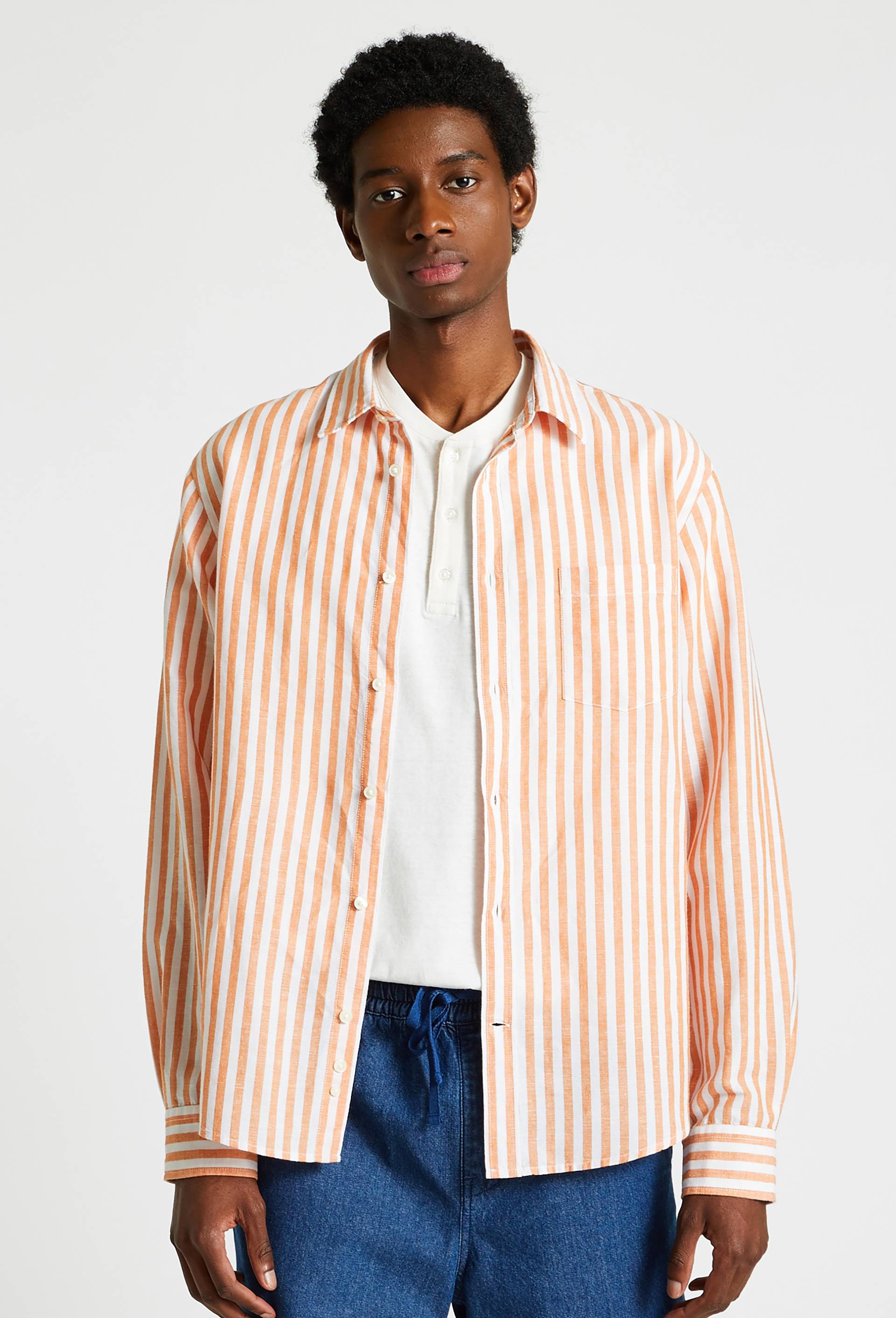 Chemise manches longues rayée en lin coton, European flax, Orange, large image number 0.0