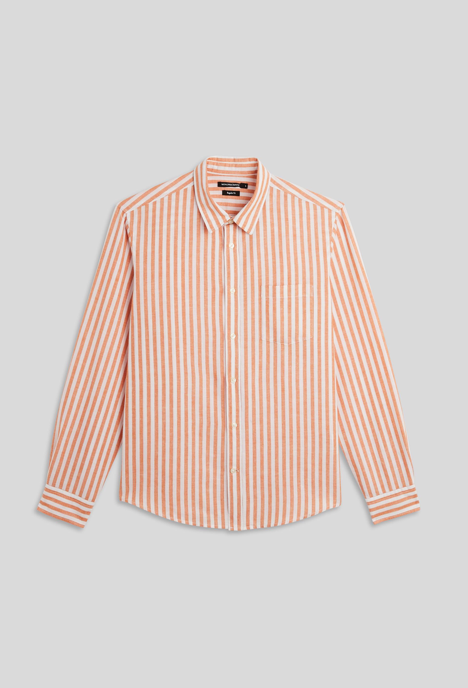 Chemise manches longues rayée en lin coton, European flax, Orange, large image number 2.0