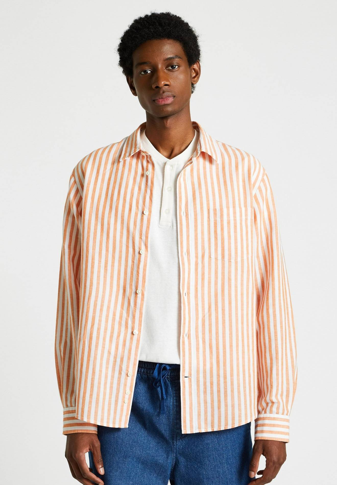 Chemise manches longues rayée en lin coton, European flax, Orange, large image number 3.0