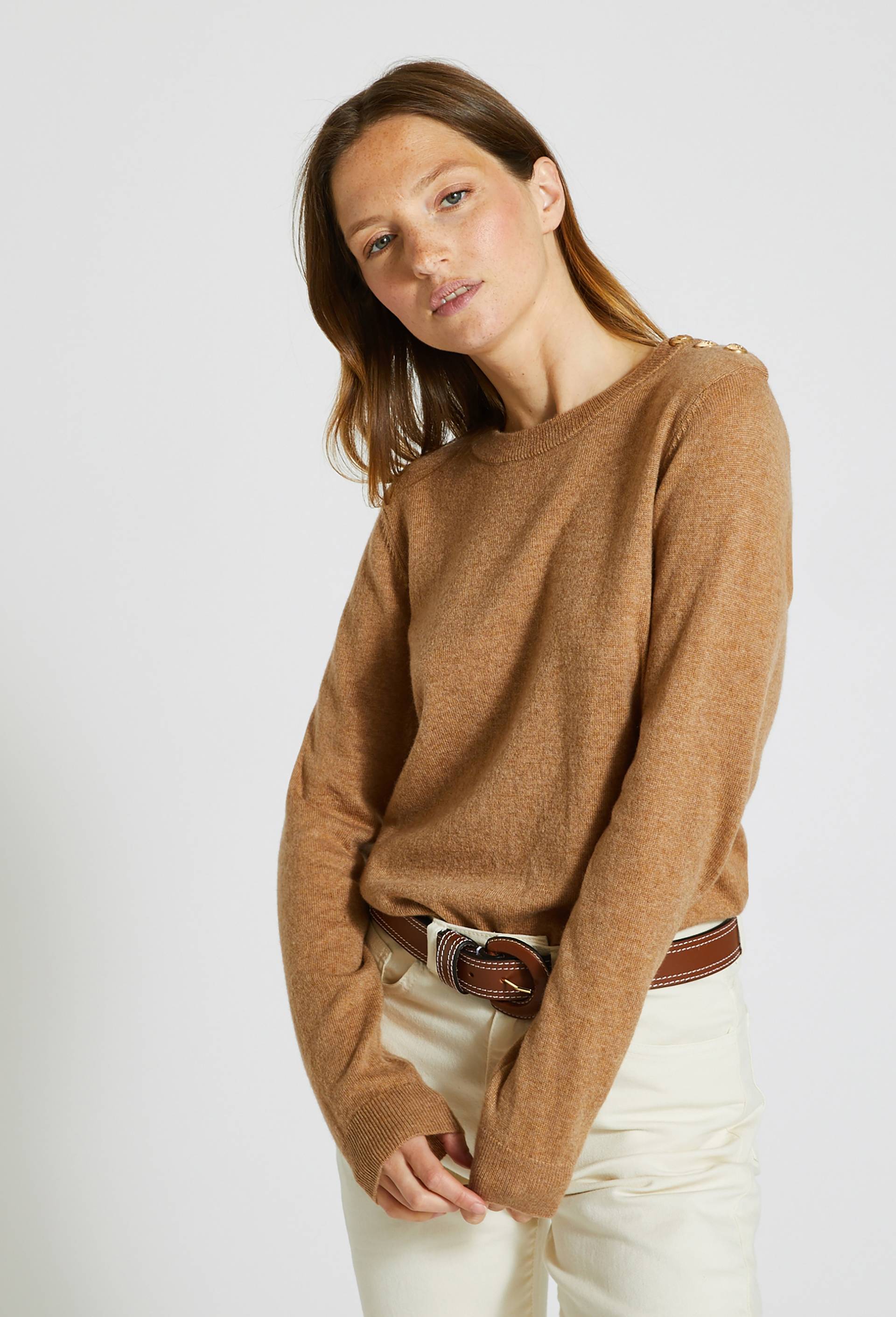 Pull col rond uni boutonné épaule contenant de la laine et du cachemire, certifié Oeko-Tex, Beige, large image number 0.0