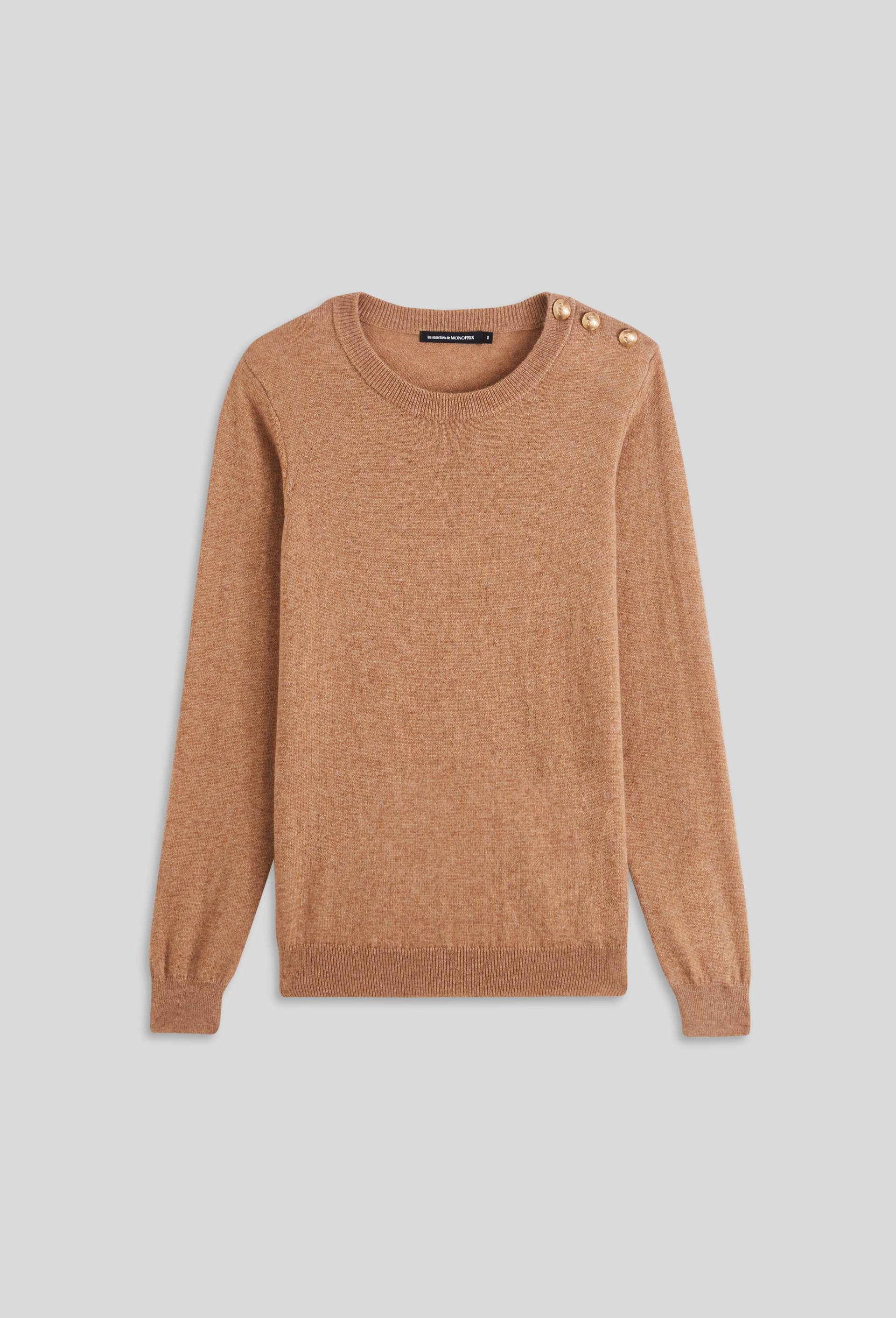 Pull col rond uni boutonné épaule contenant de la laine et du cachemire, certifié Oeko-Tex, Beige, large image number 2.0