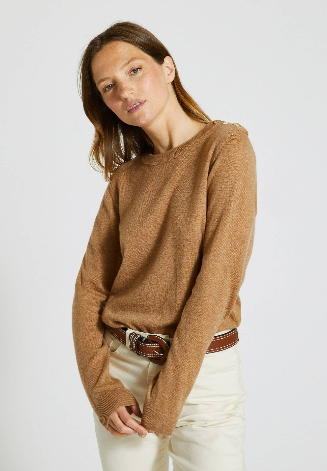 Pull col rond uni boutonné épaule contenant de la laine et du cachemire, certifié Oeko-Tex, Beige, large image number 3.0