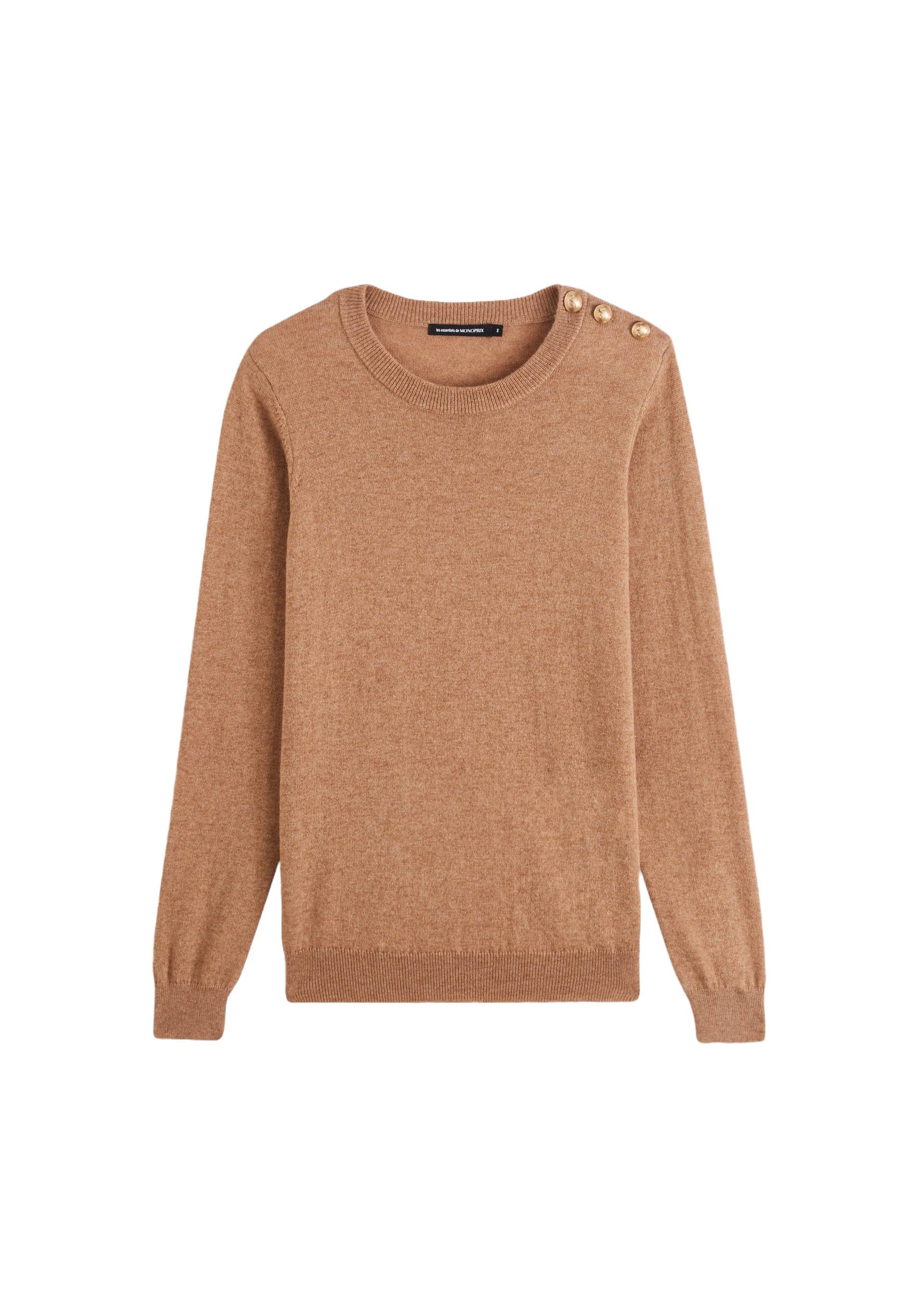 Pull col rond uni boutonné épaule contenant de la laine et du cachemire, certifié Oeko-Tex, Beige, large image number 5.0