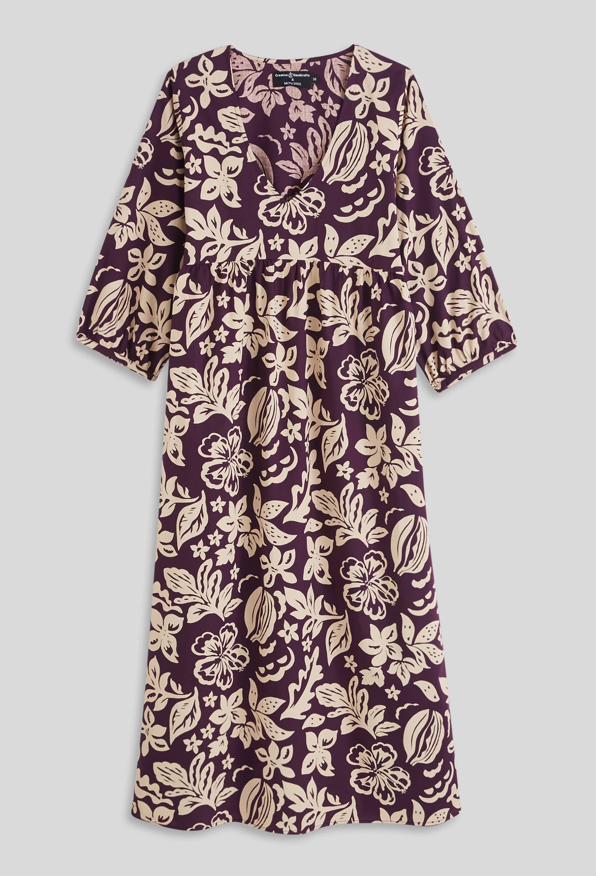 Robe imprimée, col V, manches aux coudes, Violet foncé, large image number 2