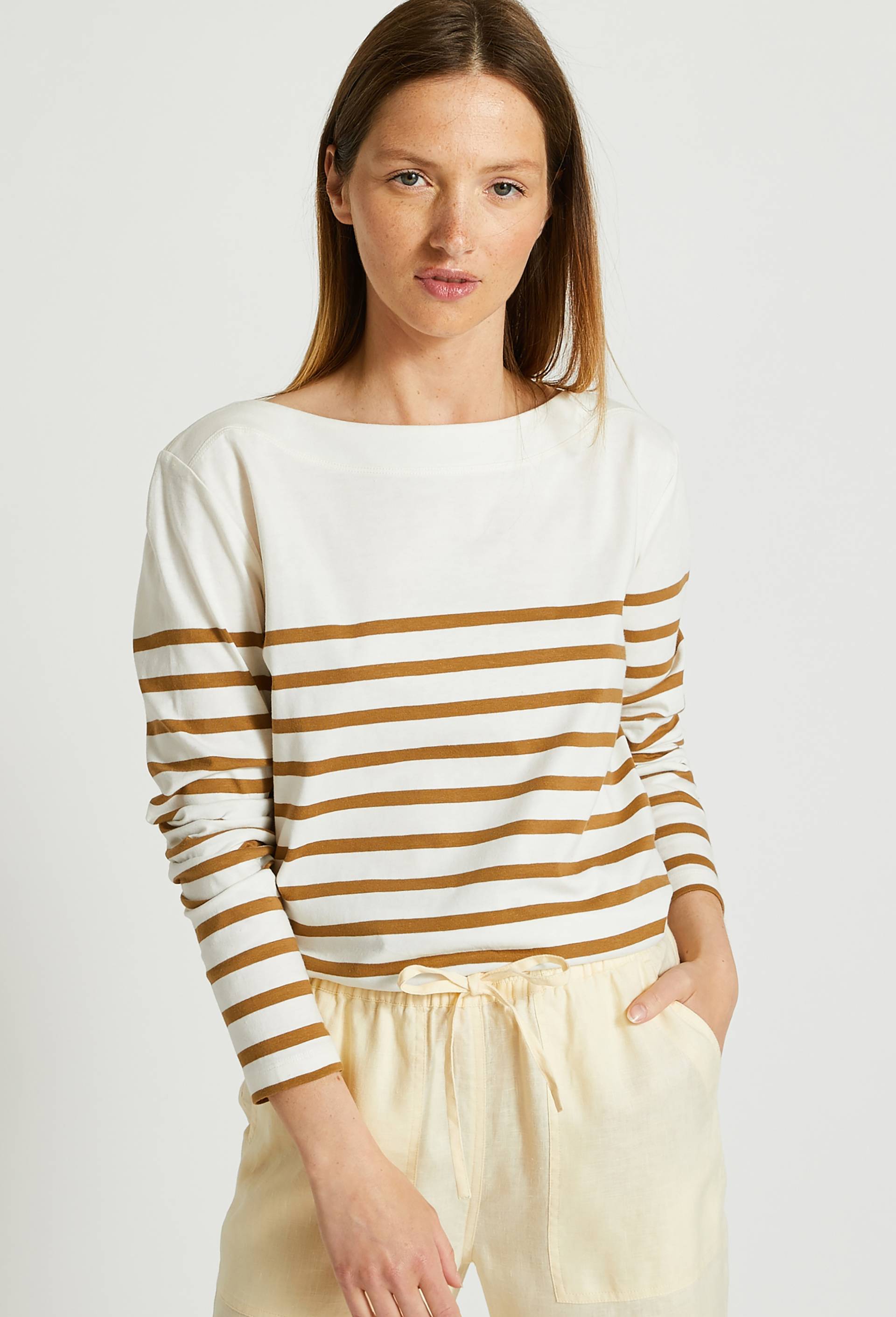 Marinière col bateau en coton BIO, Beige, swatch image