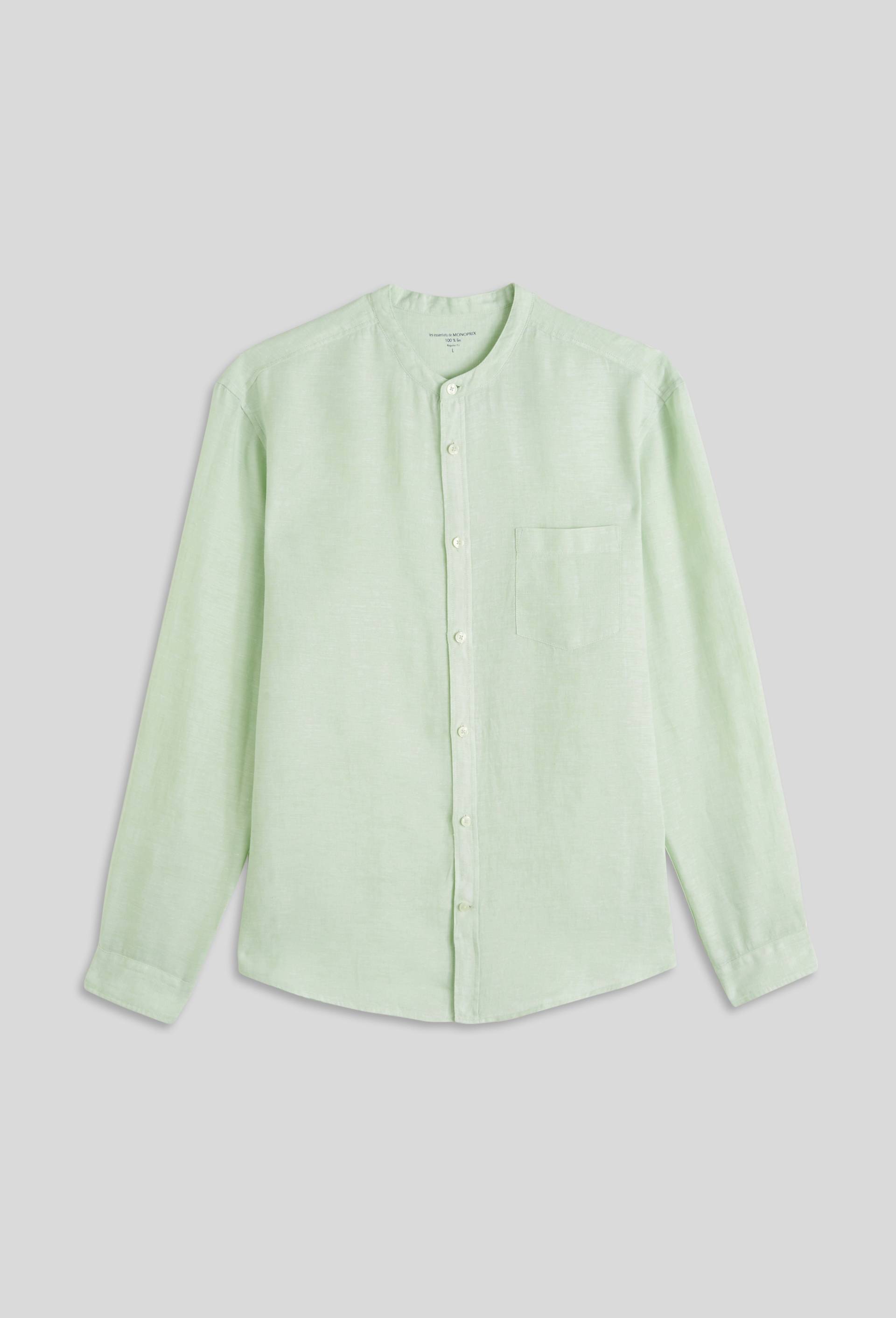 Chemise manches longues col mao en lin, Vert clair, large image number 2.0