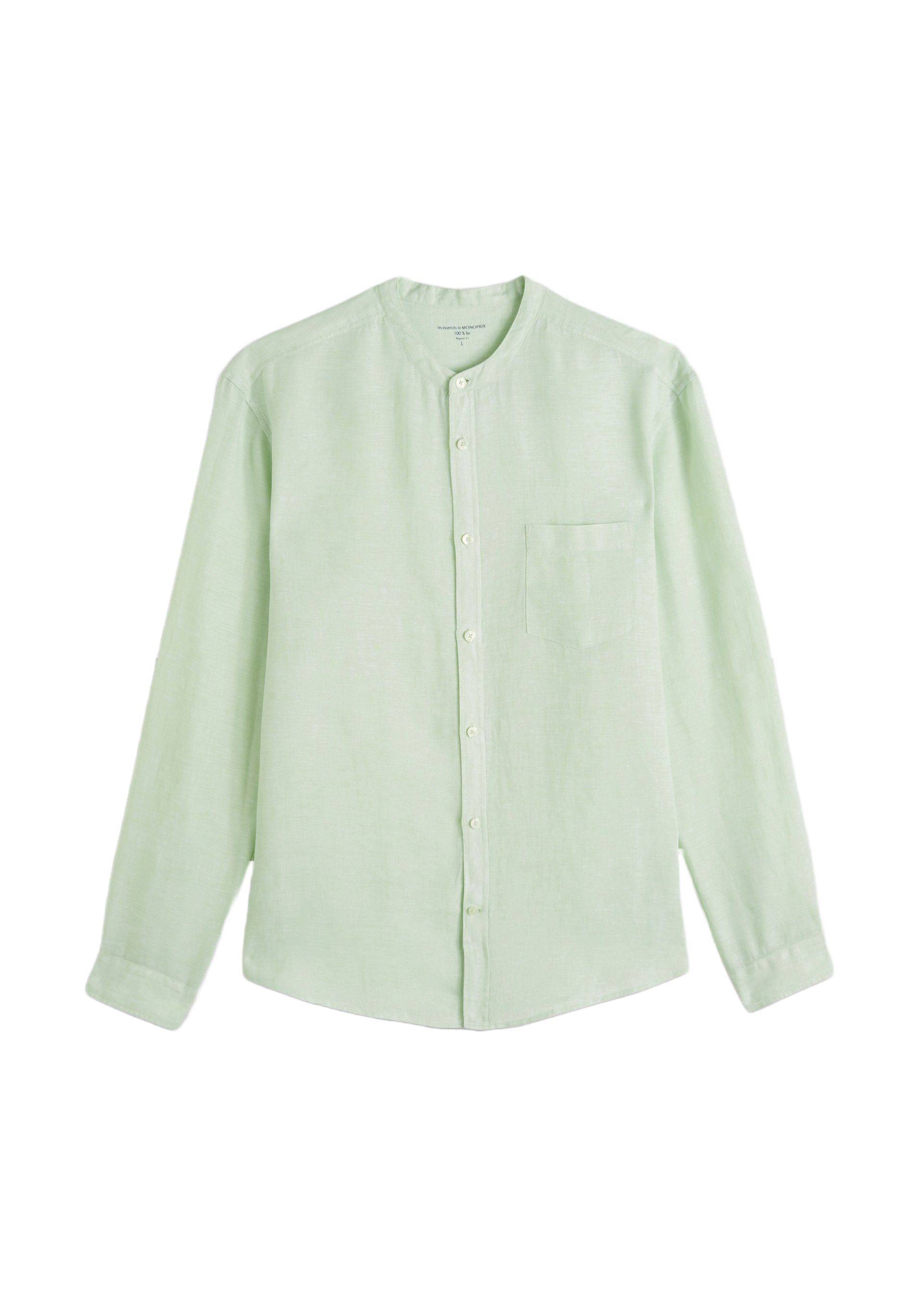 Chemise manches longues col mao en lin, Vert clair, large image number 5.0