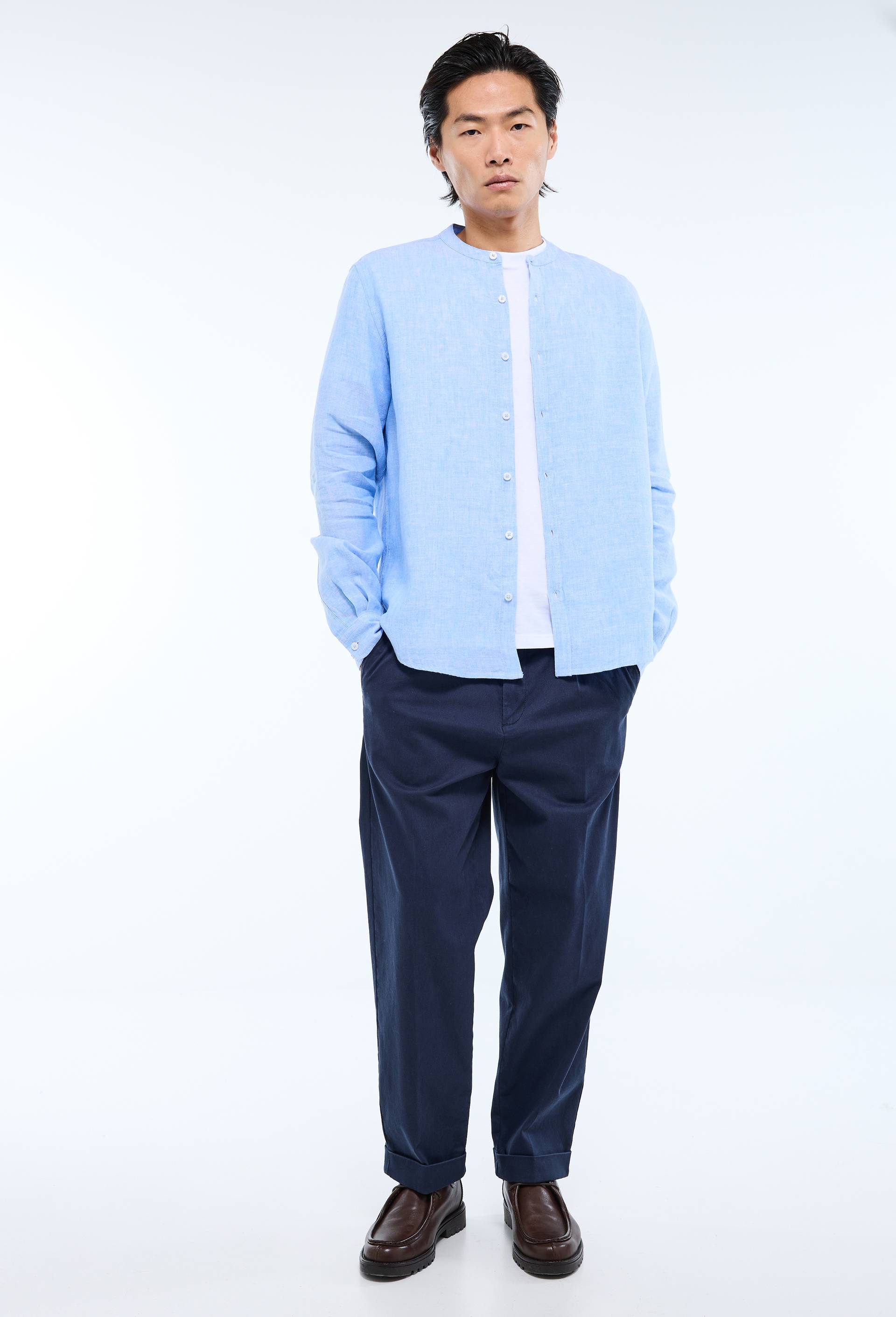 Chemise manches longues col mao en lin, Bleu, large image number 0