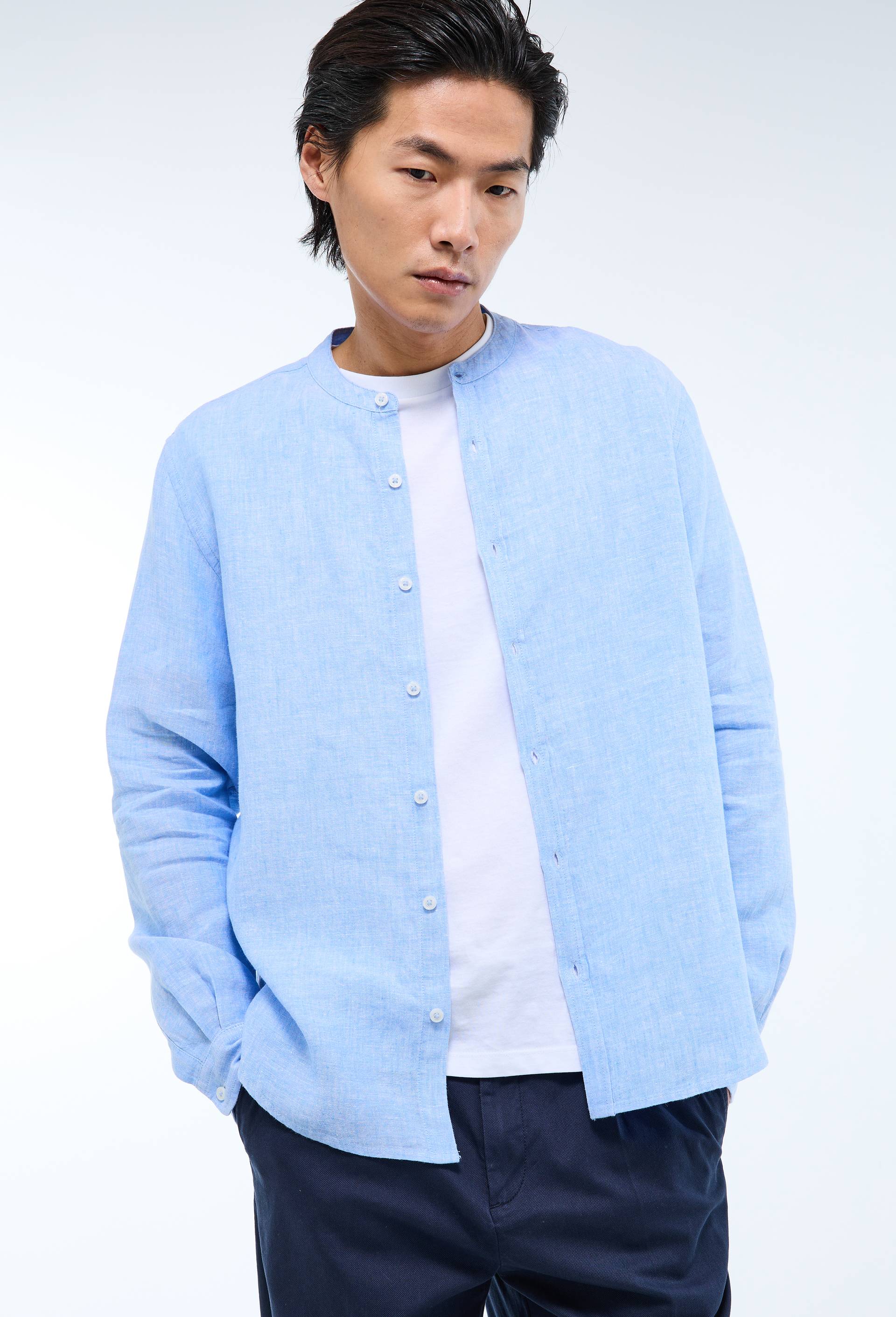 Chemise manches longues col mao en lin, Bleu, large image number 1