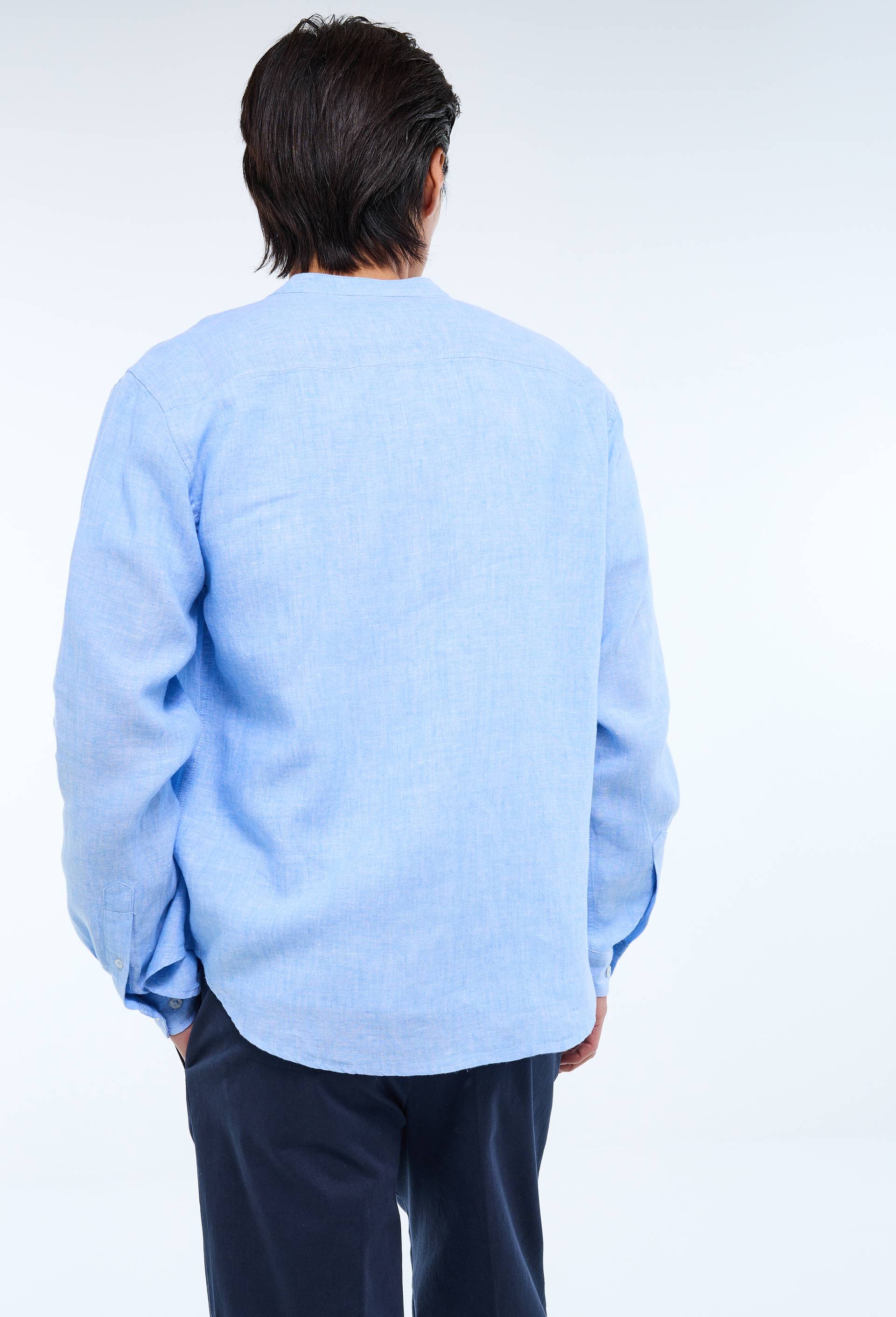 Chemise manches longues col mao en lin, Bleu, large image number 2.0