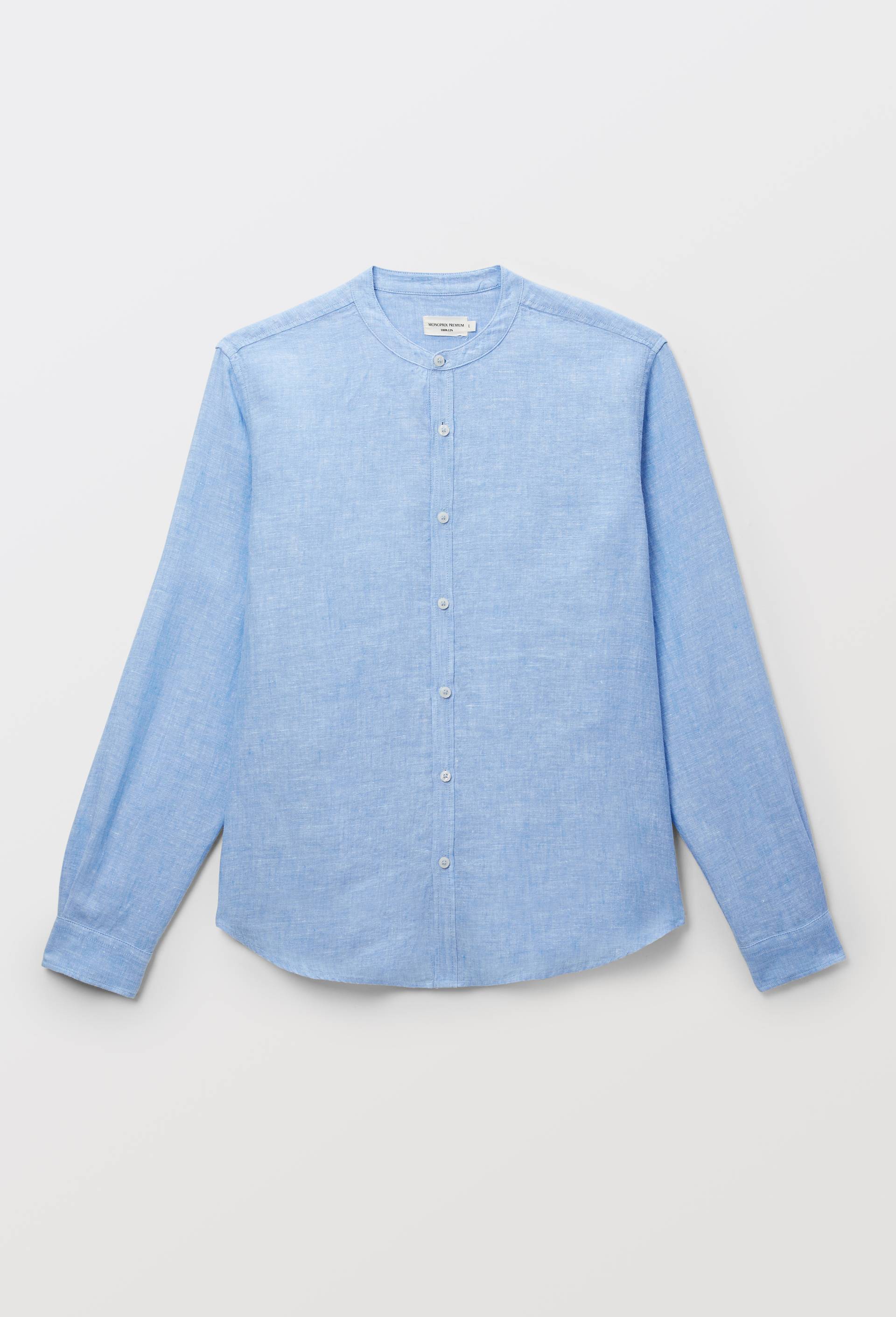 Chemise manches longues col mao en lin, Bleu, large image number 3
