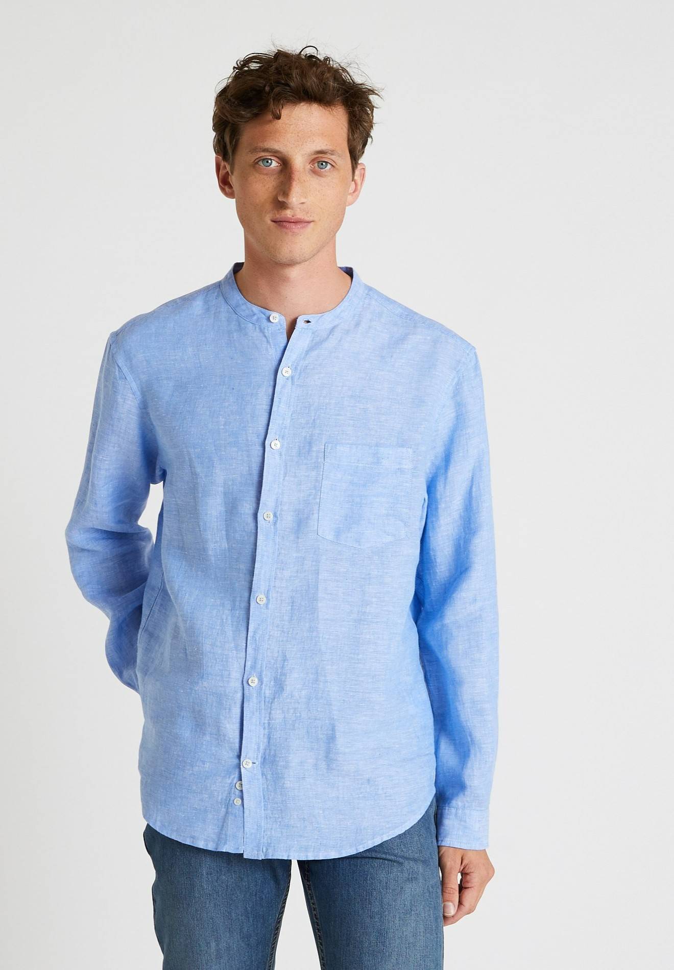 Chemise manches longues col mao en lin, Bleu, large image number 4