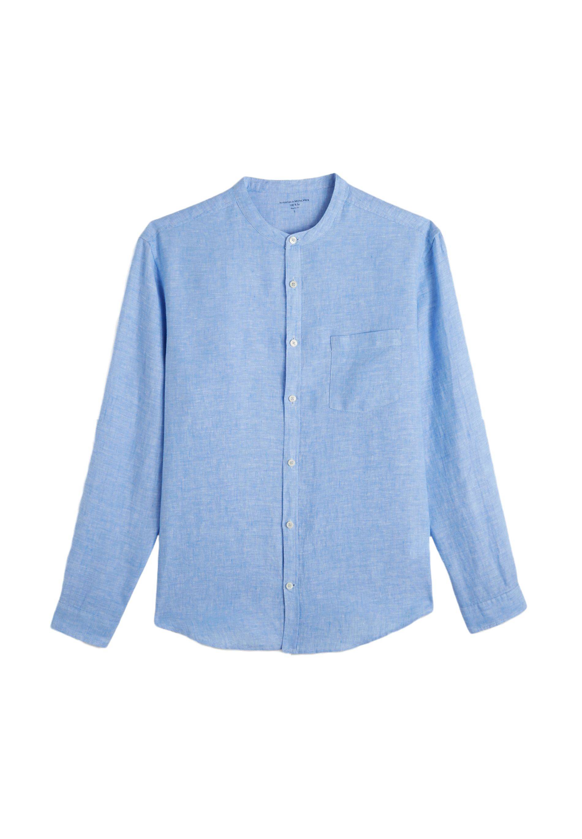 Chemise manches longues col mao en lin, Bleu, large image number 6