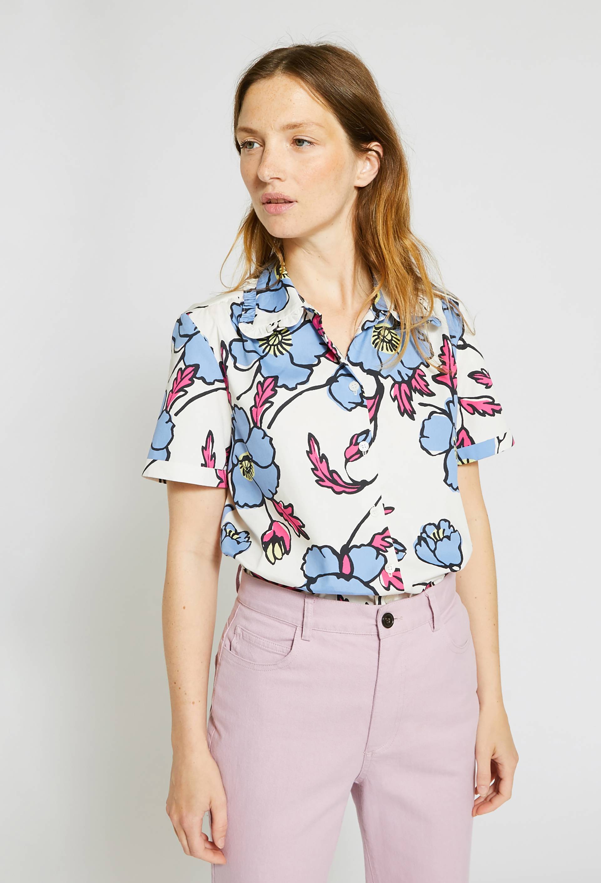 Chemise imprimée col claudine Oekotex, Violet foncé, large image number 0
